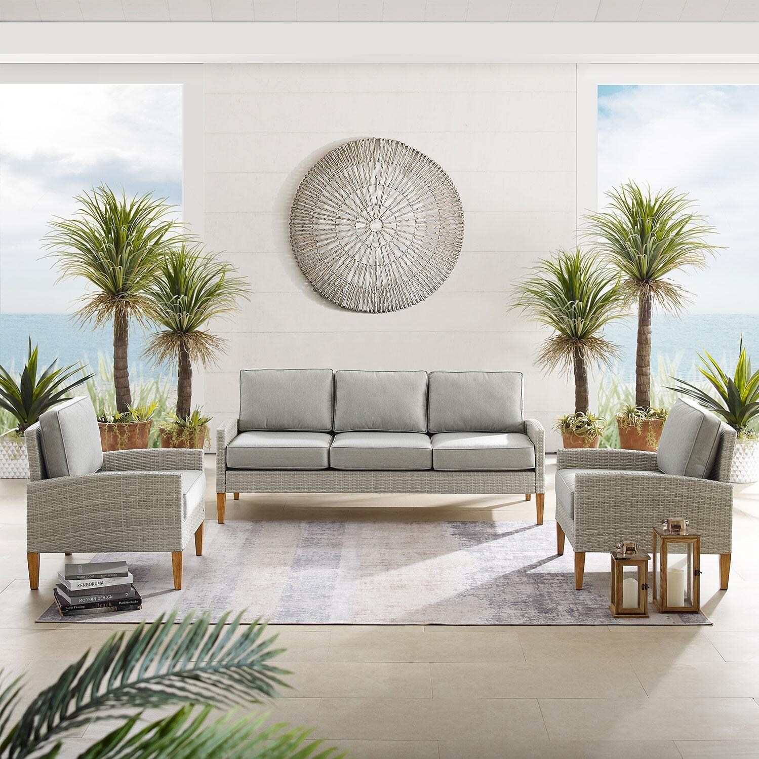 Ultimate Patio UP-92426GY-AC 3Pc Wicker Outdoor Sofa Patio Furniture Set in Acorn - Front View - Lifestyle thumbnail