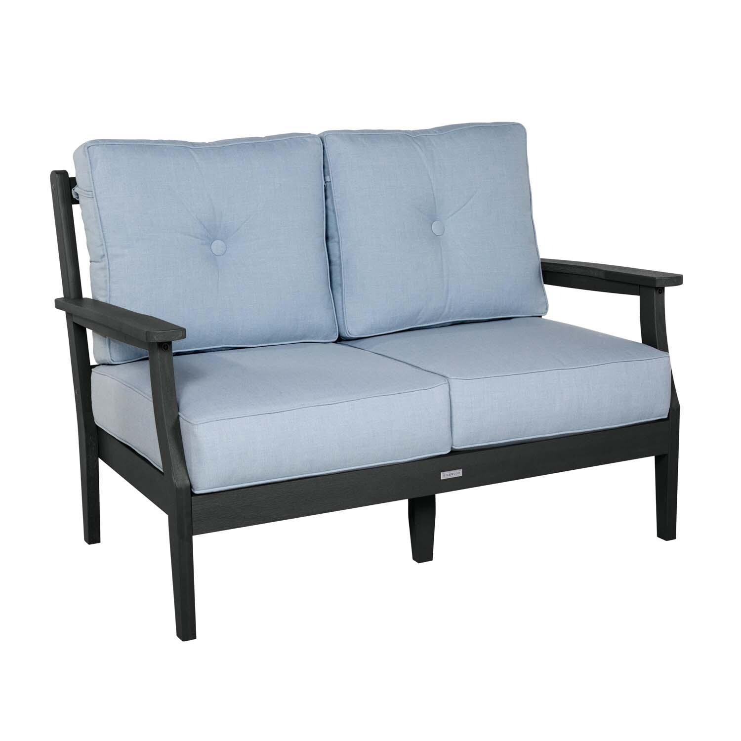 Blushing Bay 2 Person Recycled Plastic Loveseat in Bliss Dew/Black by Lakeview Outdoor Designs - Left Angled - White Background thumbnail