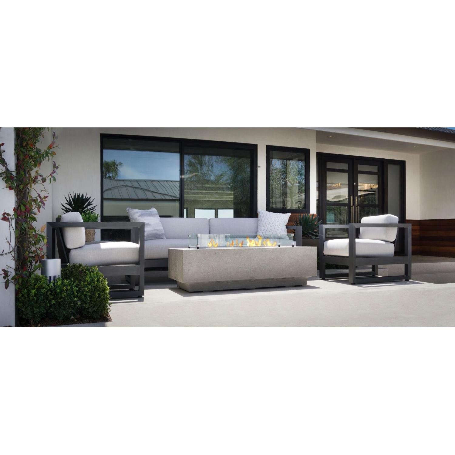 Sunset West - Redondo 4 Piece Aluminum Patio Fire Pit Conversation Set W/ Sunbrella Cast Silver Cushions - Full View thumbnail