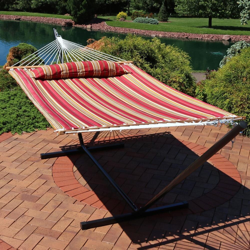 Ultimate Patio Quilted Double Hammock w/ Pillow & Stand - Red Stripe - Lifestyle thumbnail