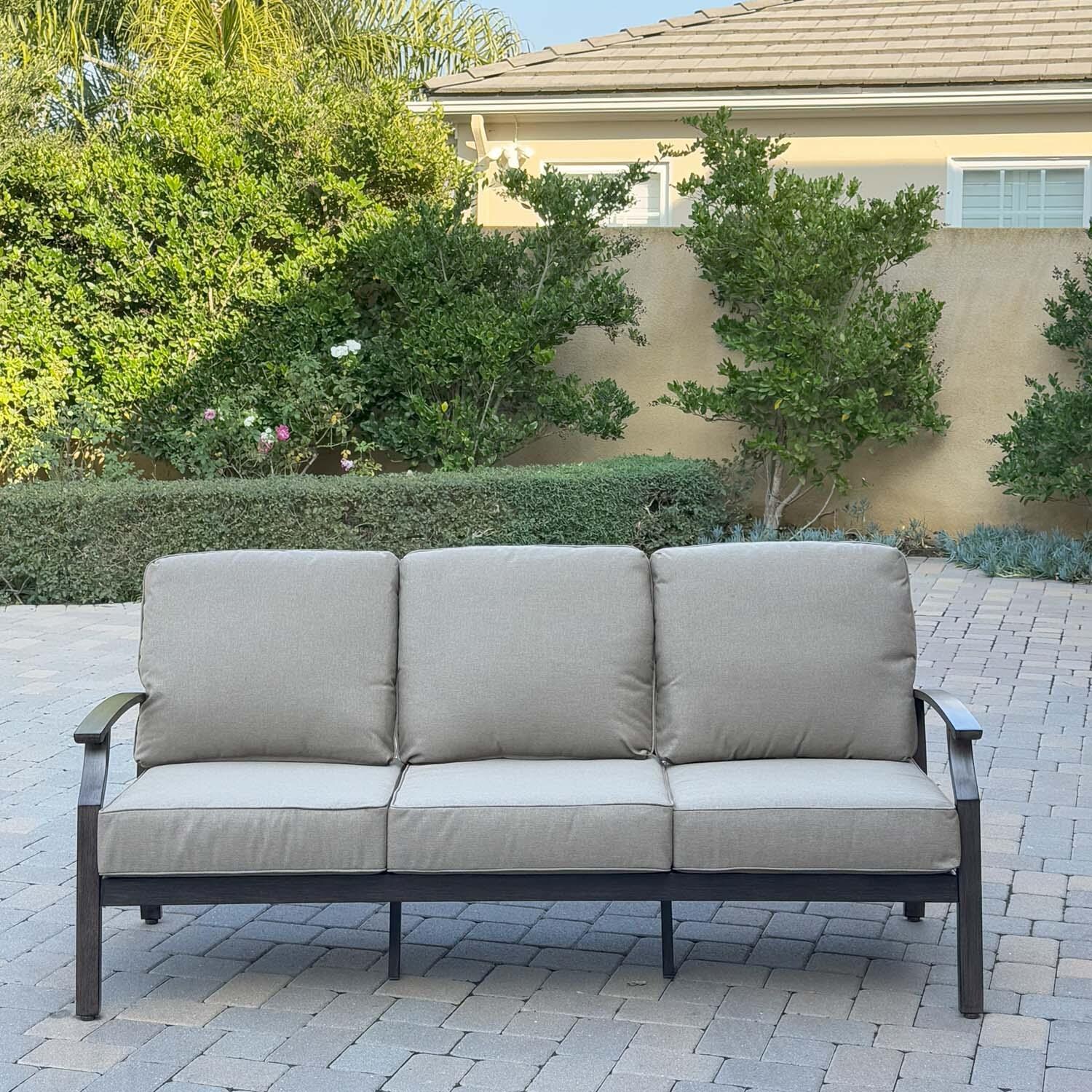Atlantis 4 Pc Aluminum Seating Set w/ Round Ice Bucket Chat Table in Walnut/Beige by Darlee - Sofa - Lifestyle thumbnail