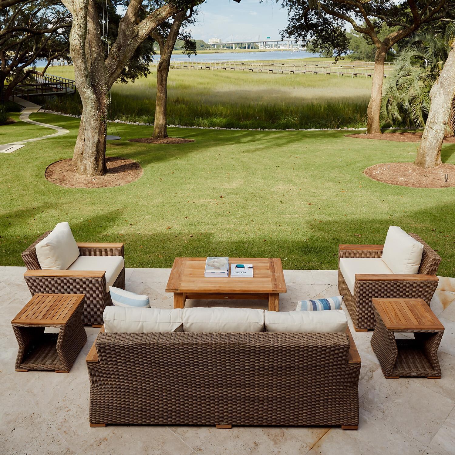 Teak + Table Havana Sofa in Carbon - W/ Seating Set Back View (Shown W/ Natural Cushion) - Lifestyle thumbnail