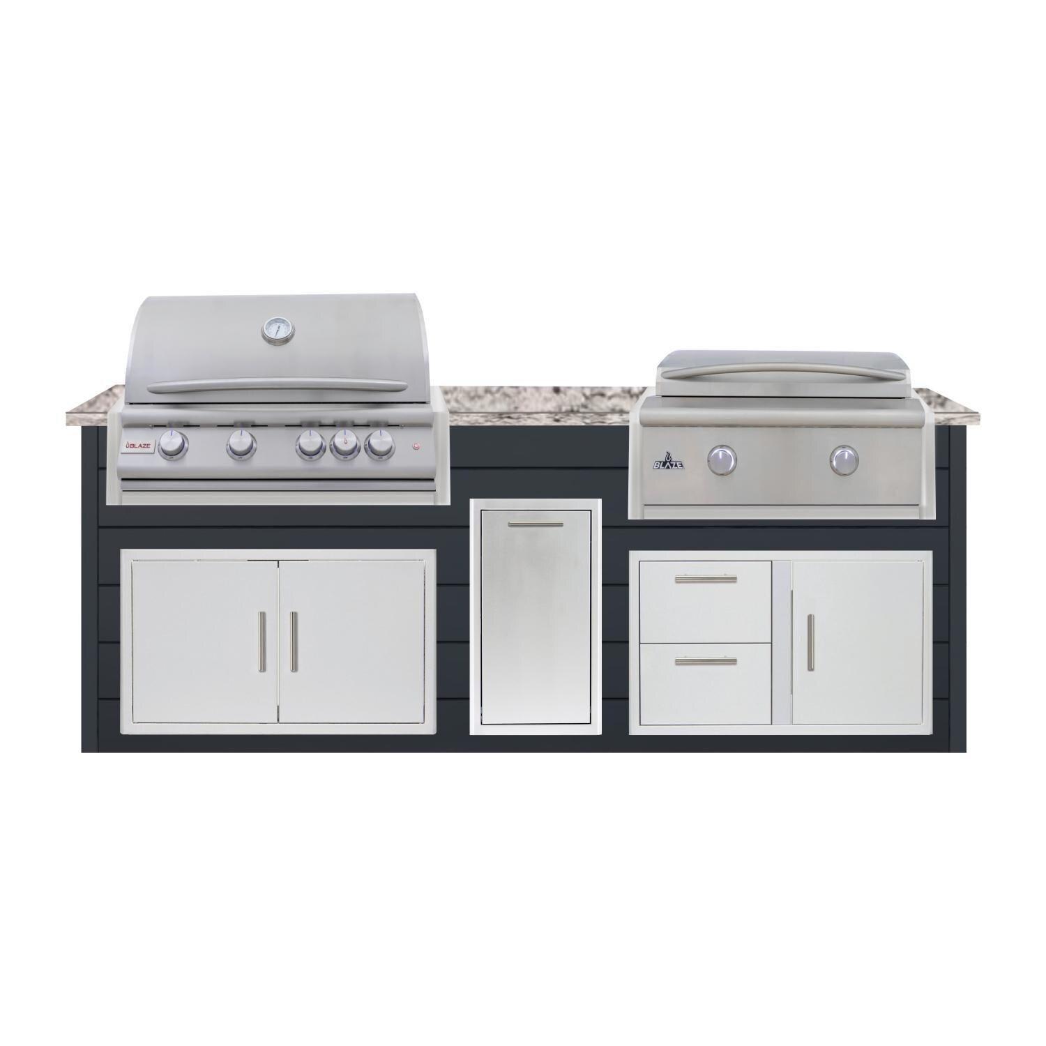 BBQGuys Signature 8 Ft Outdoor Kitchen Island w/ 32 Inch Propane Blaze LTE+ Grill & Griddle & Narrow Trash Bin | Asphalt Gray w/ White Granite
