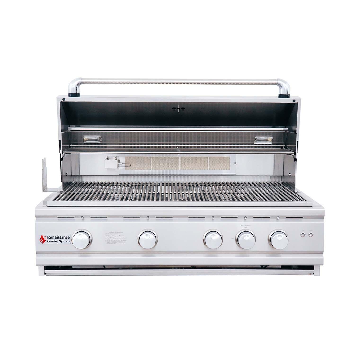 RCS RON38B Cutlass Pro 38 Inch Built-In Natural Gas Grill - Hood Open With Rotisserie Attached - White Background thumbnail