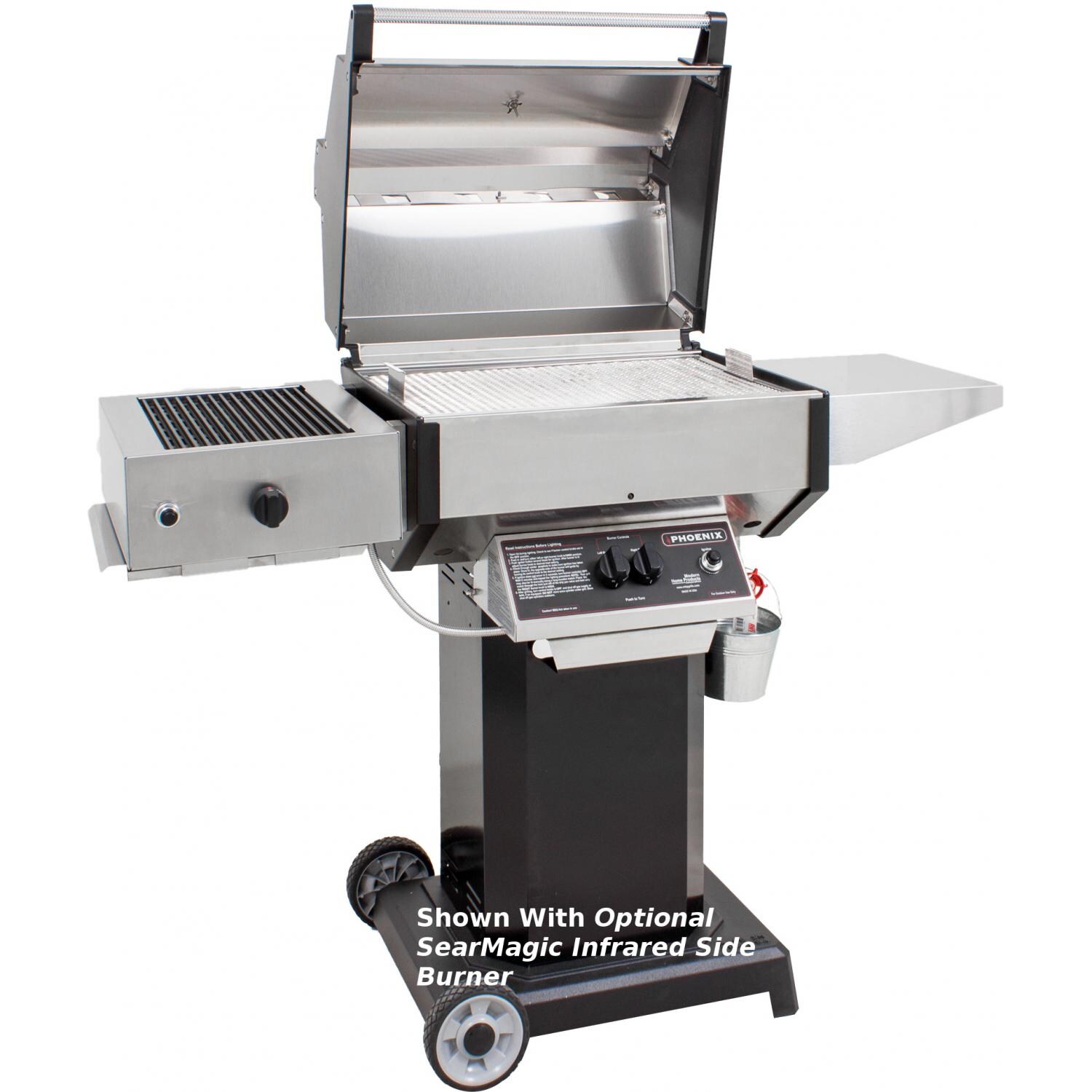 Phoenix Stainless Steel Grill Head on Black Aluminum Pedestal Cart Shown With SearMagic Infrared Side Burner - Hood Open thumbnail