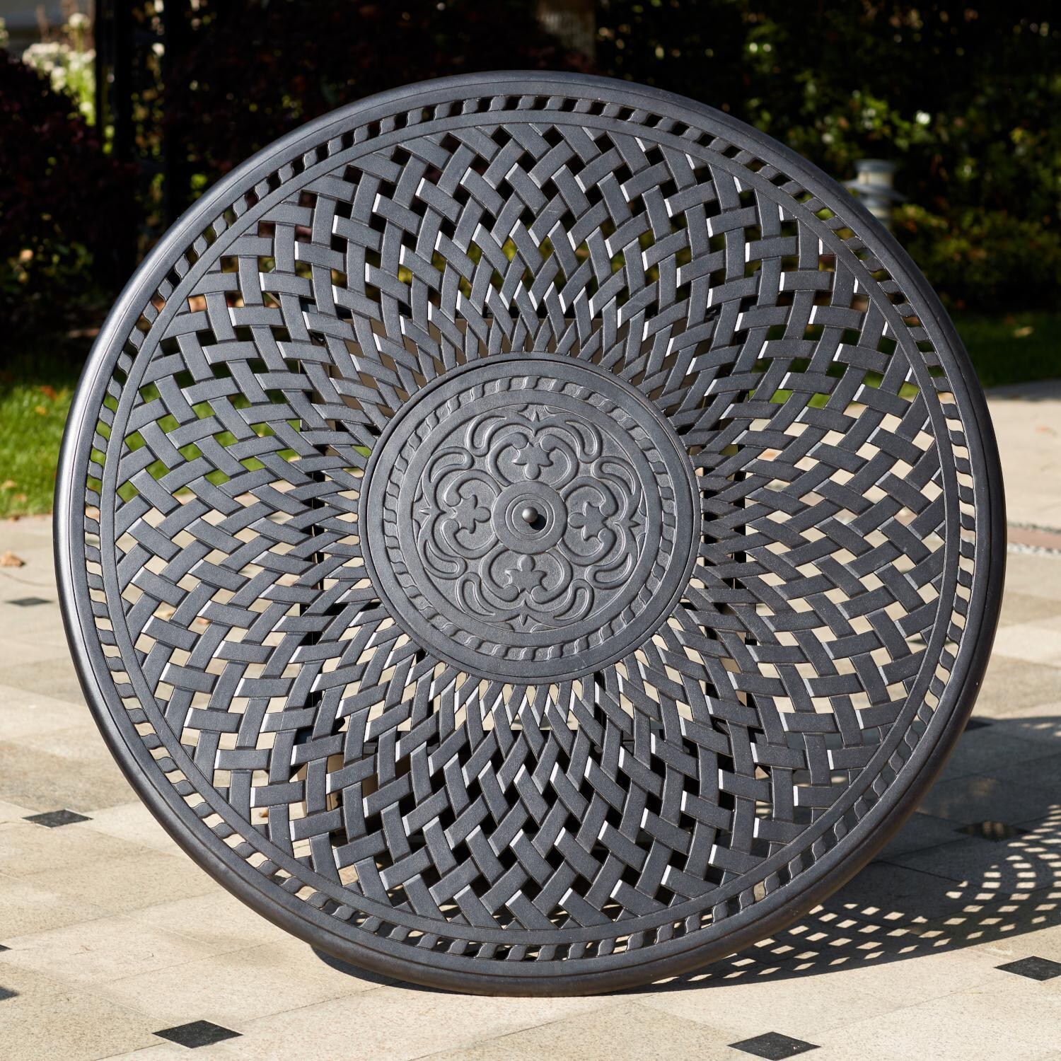 Darlee 201010-7PC-60GHD Santa Barbara 7 Piece Cast Aluminum Patio Counter Height Fire Pit Bar Set W/ 60 Inch Round Table & Beige Canvas Cushions - Table Detail thumbnail