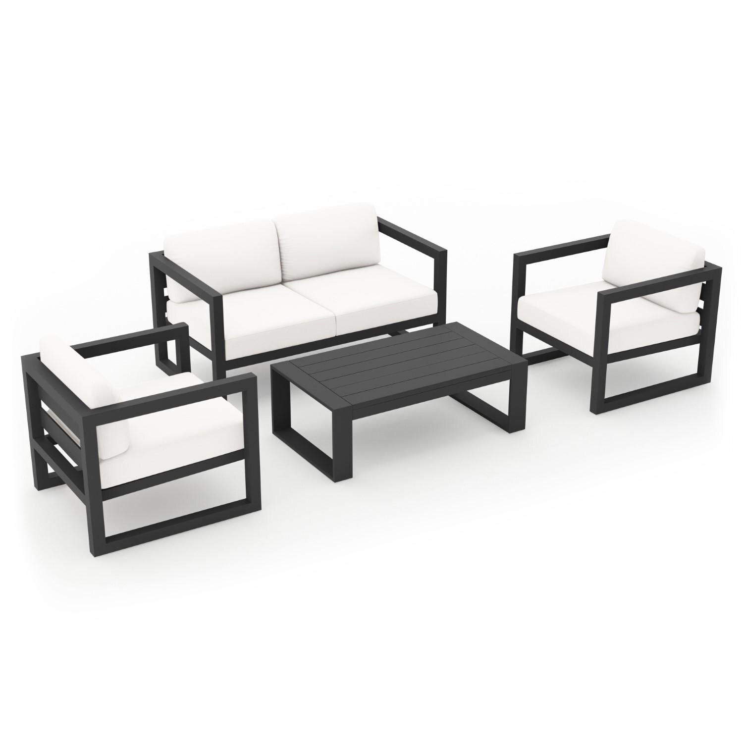 Misty Cove 4 Pc Aluminum Loveseat Set in Slate W/ Canvas Natural Cushions & Portal Coffee Table By Lakeview - White Background thumbnail