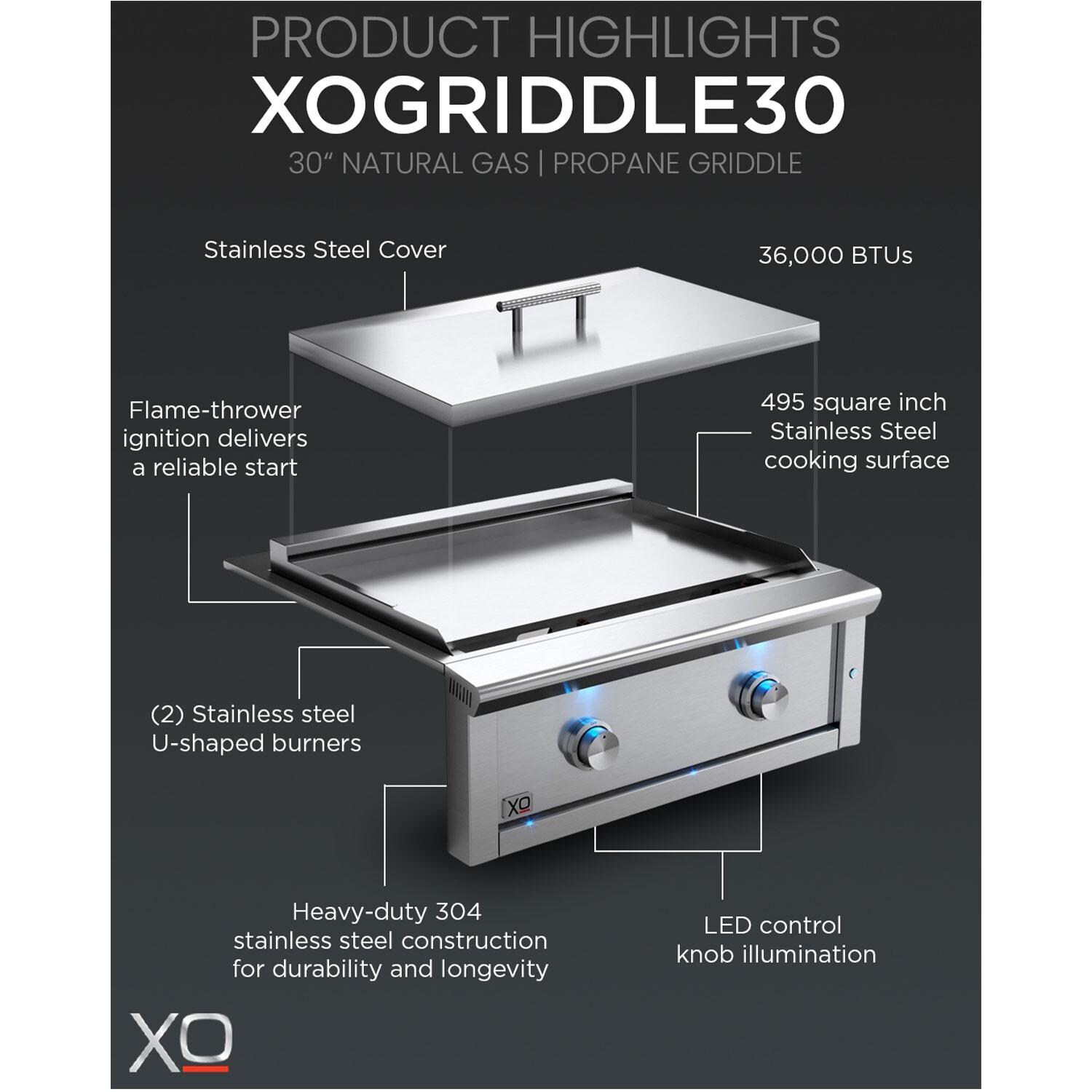 XO Appliance XOGRIDDLE30N Pro-Grade 30-in 2 Burner Built-In Natural Gas Flat Top Grill - Features - Detail thumbnail