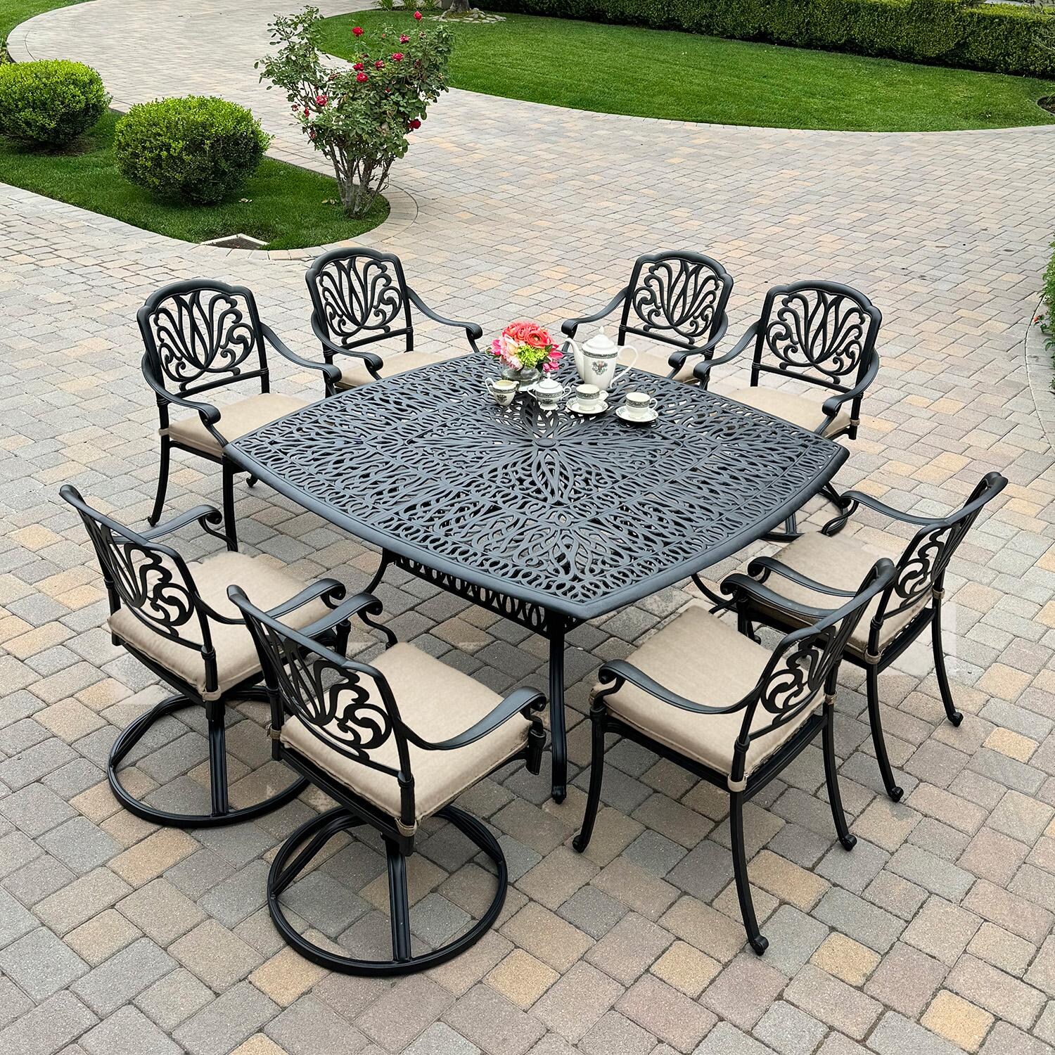 Elisabeth 9 Pc Cast Aluminum Dining Set w/ 64 Inch Table & 4 Swivel Rockers in Antique Bronze/Beige by Darlee