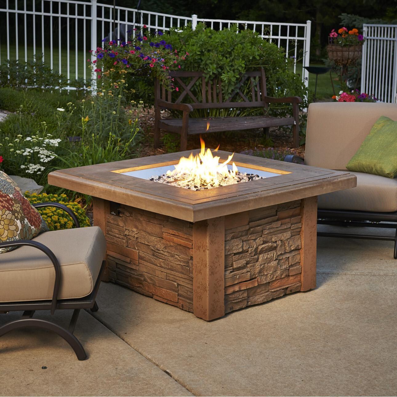 Caneville 43 Inch Square Faux Stone Natural Gas w/ Electronic Ignition Fire Pit Table in Mocha by Lakeview Outdoor Designs