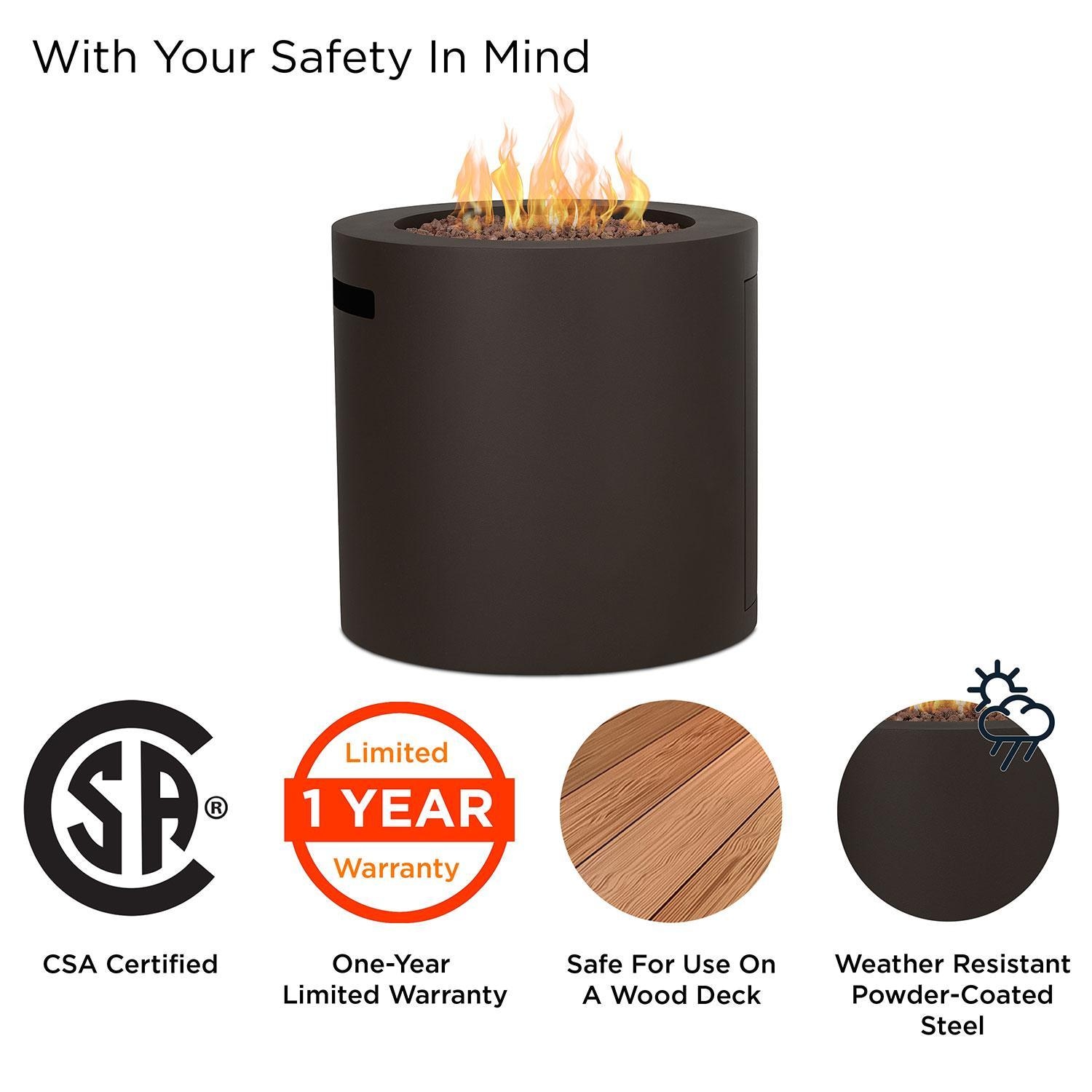 Elysian 24-in Round Steel Propane Fire Pit Table w/ Hidden Tank in Dark Bronze by Lakeview Outdoor Designs - Safety - Detail thumbnail