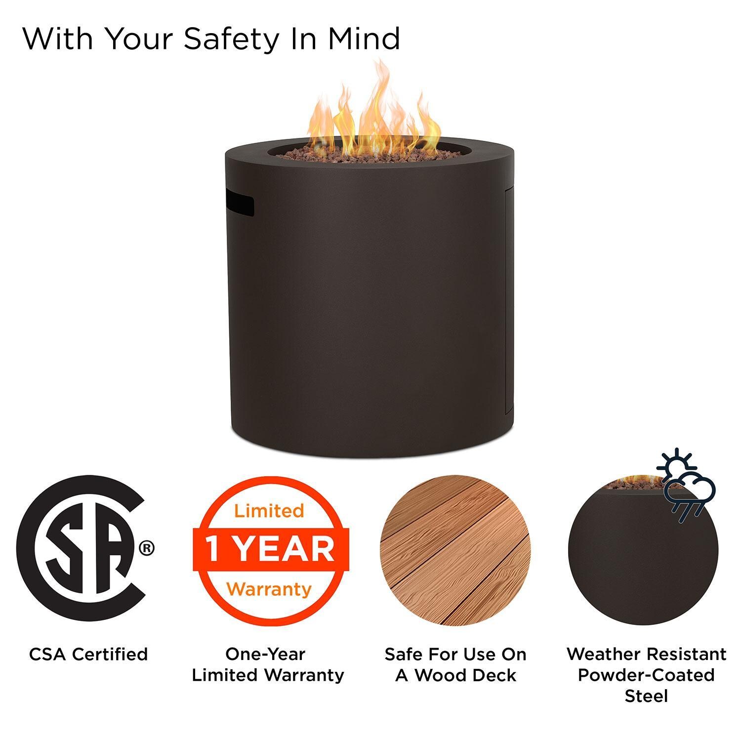 Elysian 24-in Round Steel Propane Fire Pit Table w/ Hidden Tank in Dark Bronze by Lakeview Outdoor Designs - Safety - Detail thumbnail
