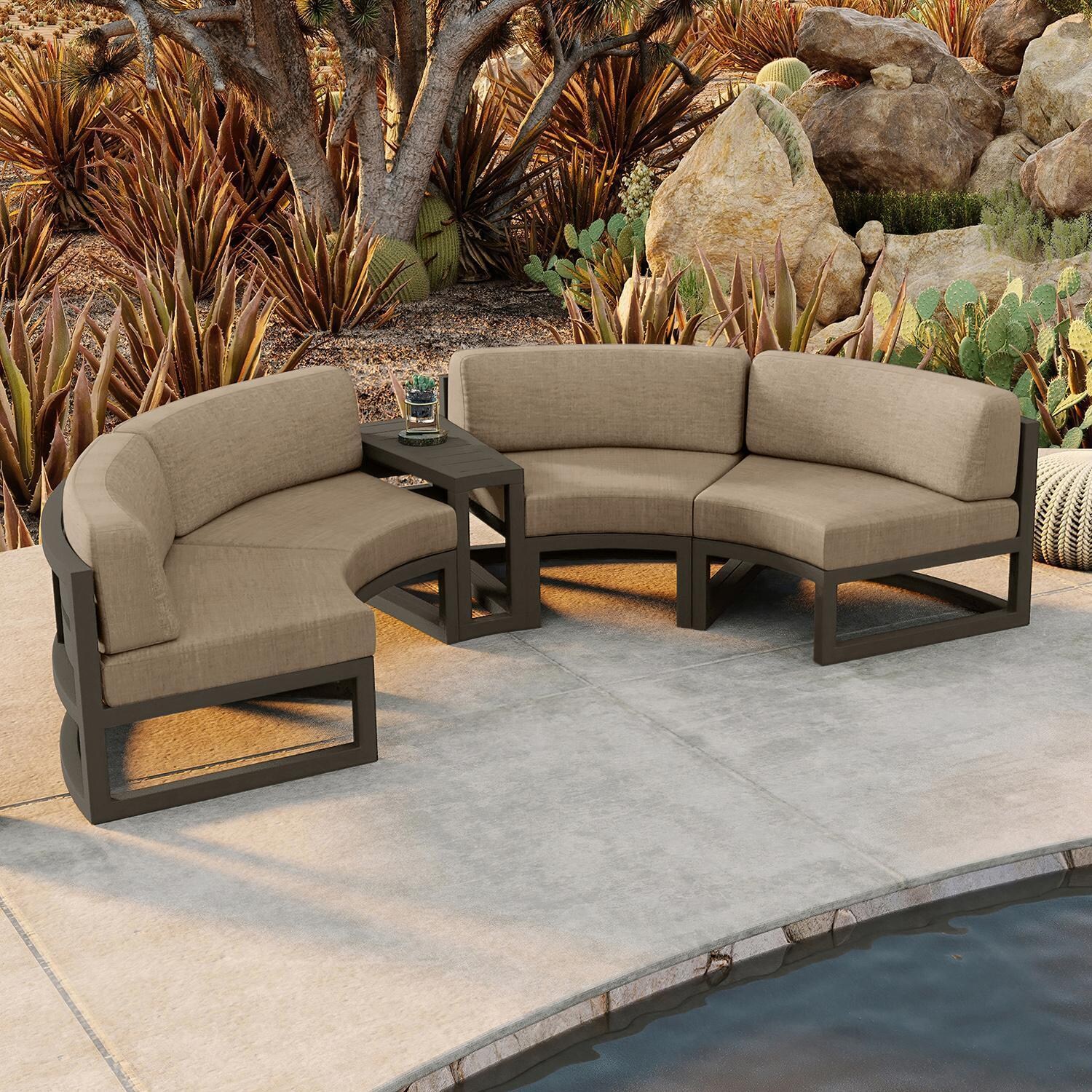Misty Cove 3 Piece Curve Sectional Set in Slate w/End Table & Heather Beige Cushions by Lakeview - By the Pool - Lifestyle thumbnail