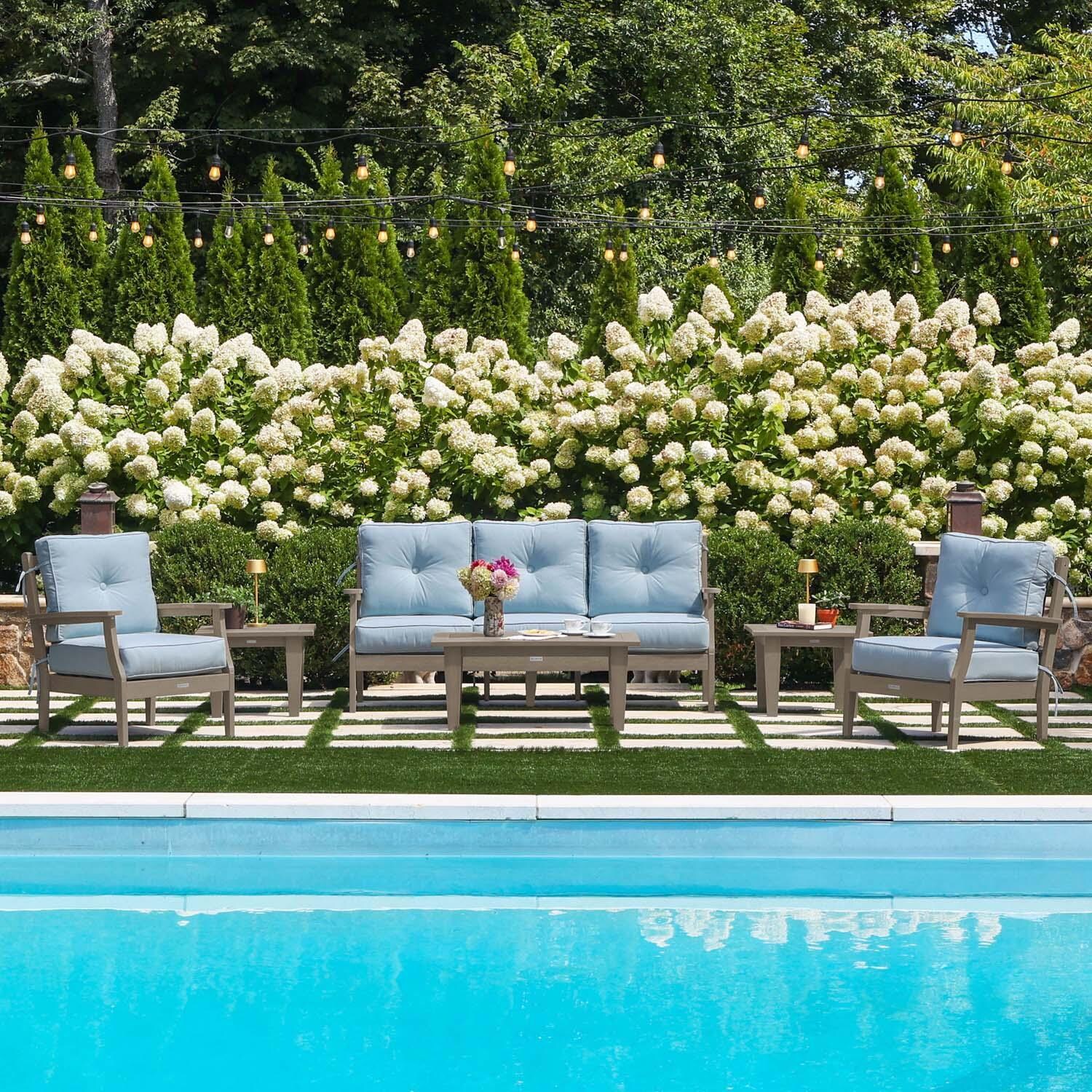 Blushing Bay 6 Pc Recycled Plastic Seating Set w/ Sofa in Bliss Dew/Woodland Brown by Lakeview Outdoor Designs - By the Pool - Lifestyle thumbnail