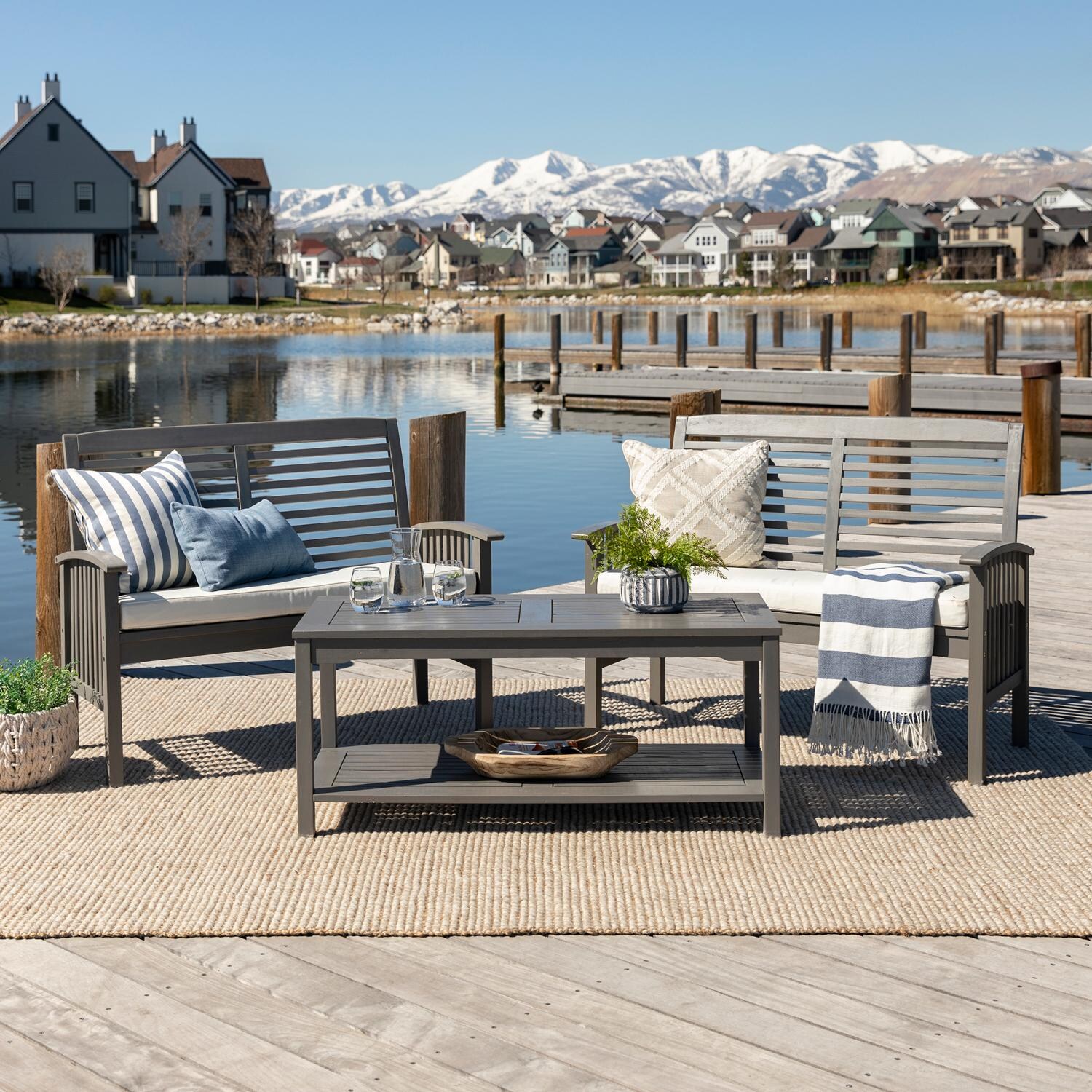 Walker Edison 3 Piece Acacia Patio Conversation Set W/ 47 X 19 1/2 Inch Rectangular Table - Grey Wash image