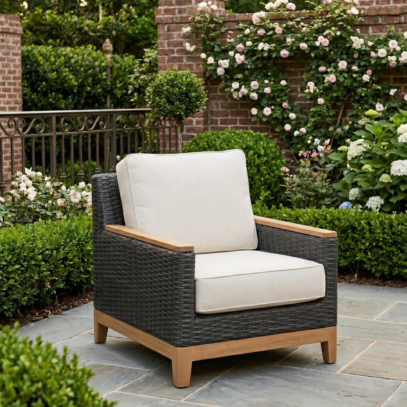 Royal Teak Collection BOCACH-W Boca Wicker Club Chair w/ Sunbrella Canvas Cushion in Gray/Canvas Natural - On Patio - Lifestyle thumbnail
