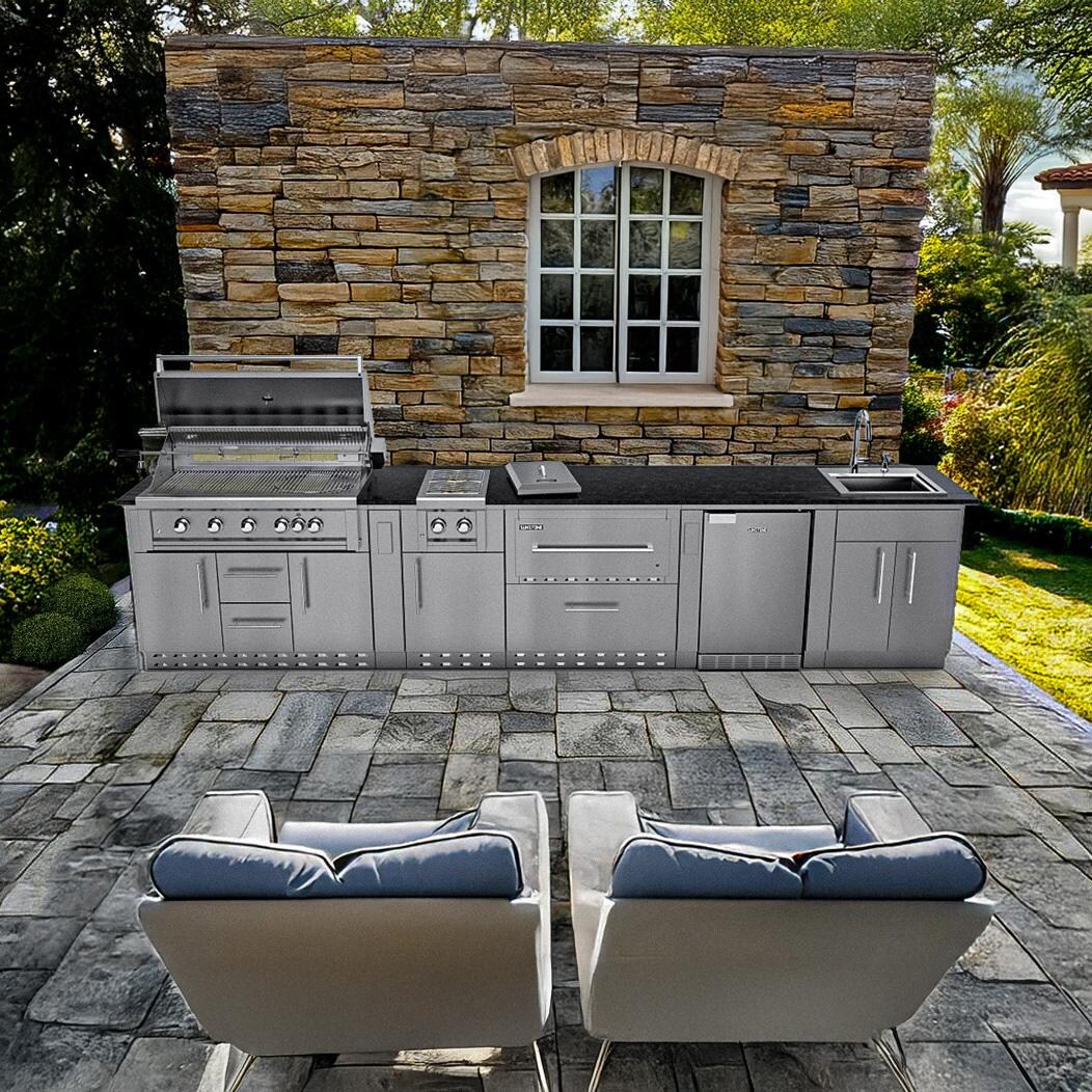 Sunstone Grills SCPFRENCHQUARTER13.7-NG French Quarter 13 1/2 Ft Outdoor Kitchen Island w/ Natural Gas Grill & Sink, Refrigerator, Door & Drawer - In the Shade - Lifestyle thumbnail