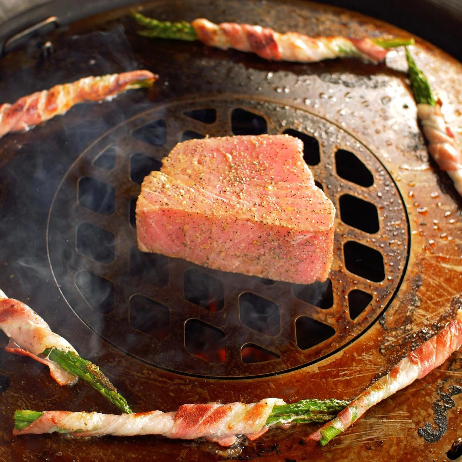 BBQGuys Signature BBQ-KCGG-18-SS Stainless Steel Grill / Griddle Combo For 18-Inch Kamado Grills - Cooking Bacon Wrapped Asparagus and Tuna Steak