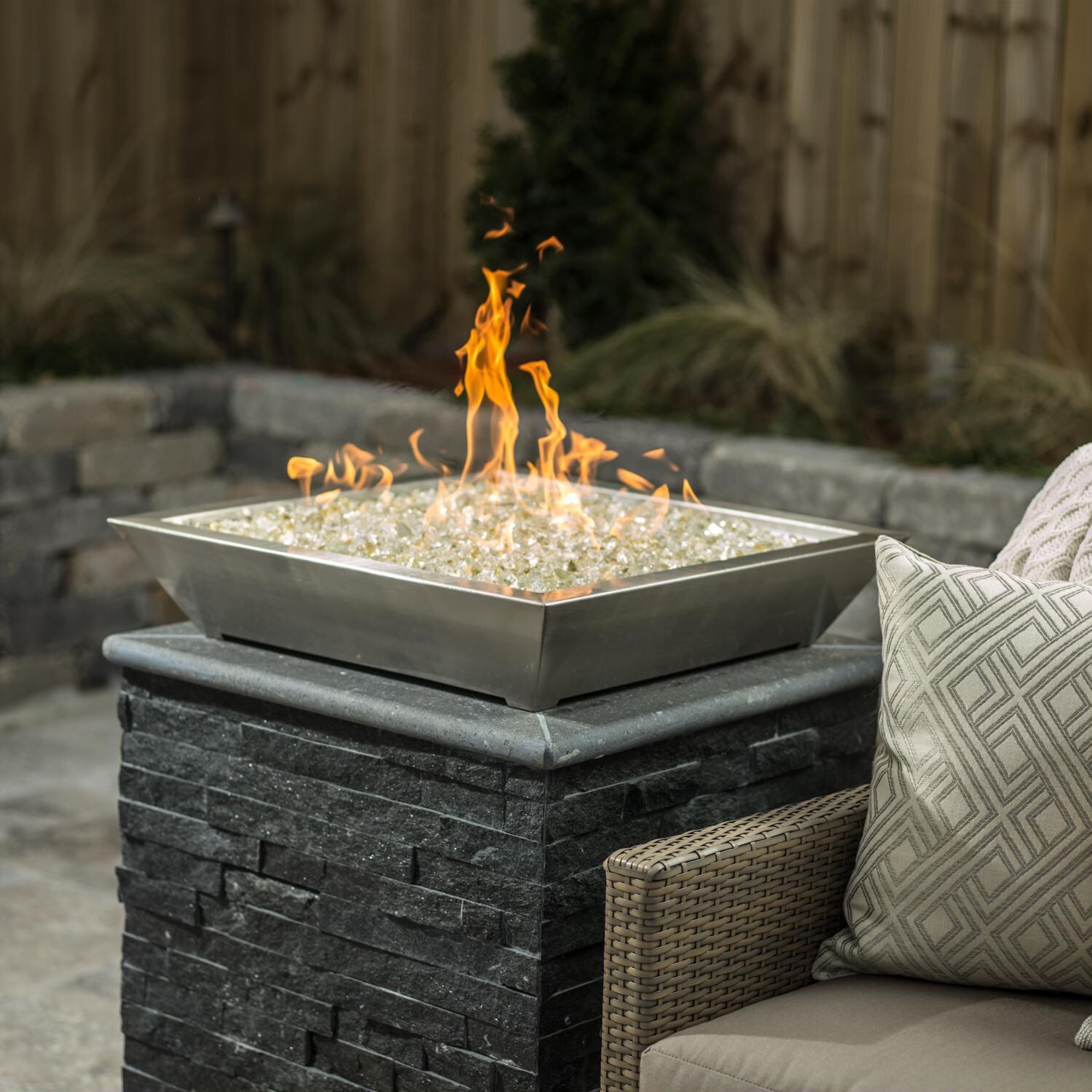 BBQGuys Signature Series Westfalen 24-Inch Square Low-Rise Propane Fire Bowl - Stainless Steel - Lifestyle - Shown with 1/2 inch White Gold Reflective Fire Glass (Sold Separately) thumbnail