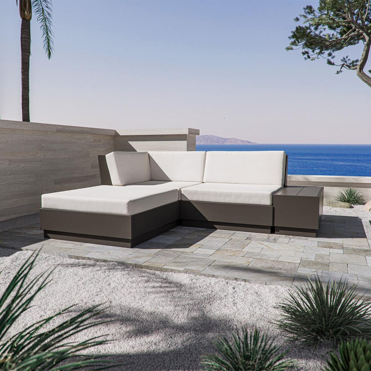 Elevate 4 Pc Recycled Plastic Sectional Loveseat w/ Chaise Lounge Seating Set in Vintage White/Weathered Tweed By PW Designer Series - On the Patio (Shown in Vintage Coffee/Dune Burlap) - Lifestyle thumbnail