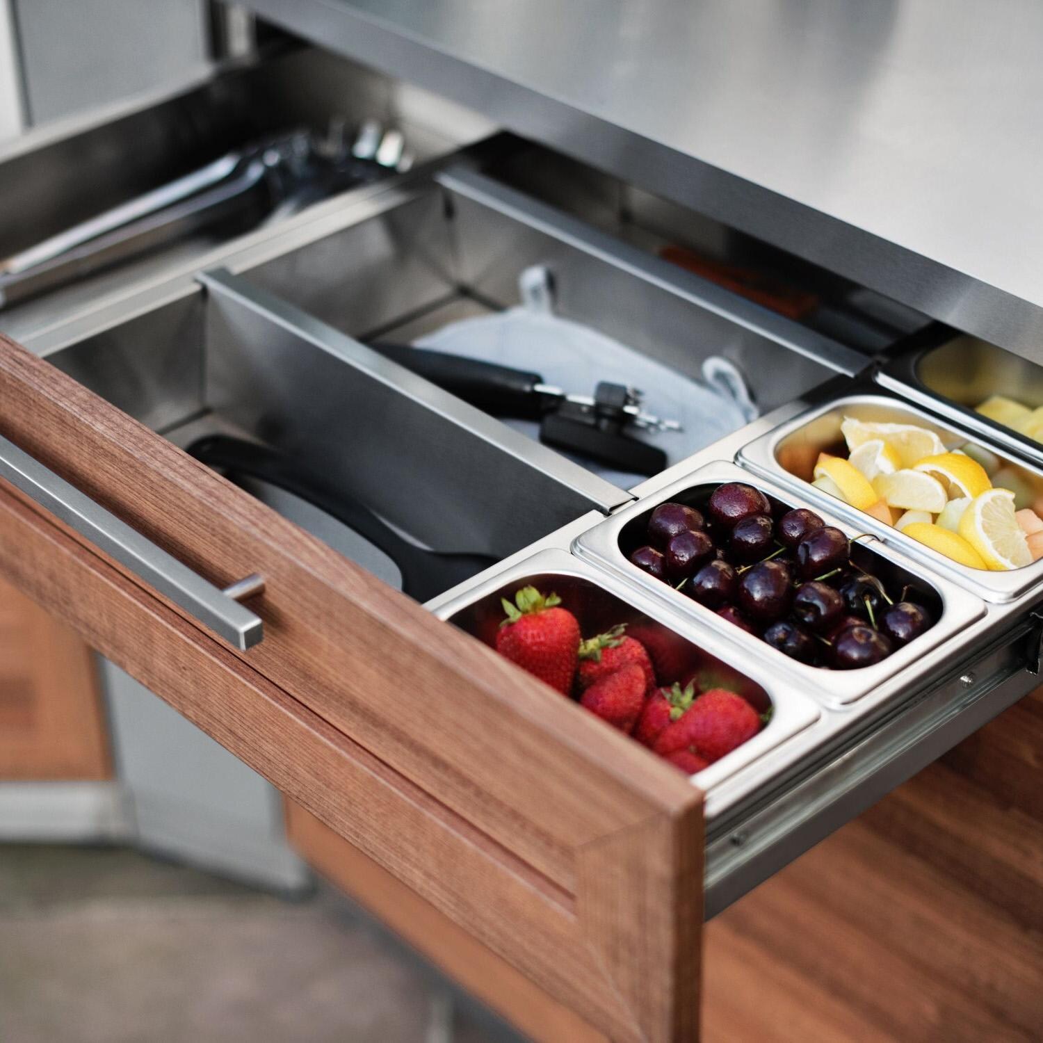 NewAge Products 67902 Classic Series 10 1/2 Ft Outdoor Kitchen Island w/ 36-in Natural Gas Grill, Refrigerator, Trash Bin, Door & Drawer in Grove/Stainless Steel - Top Drawer Open - Detail thumbnail