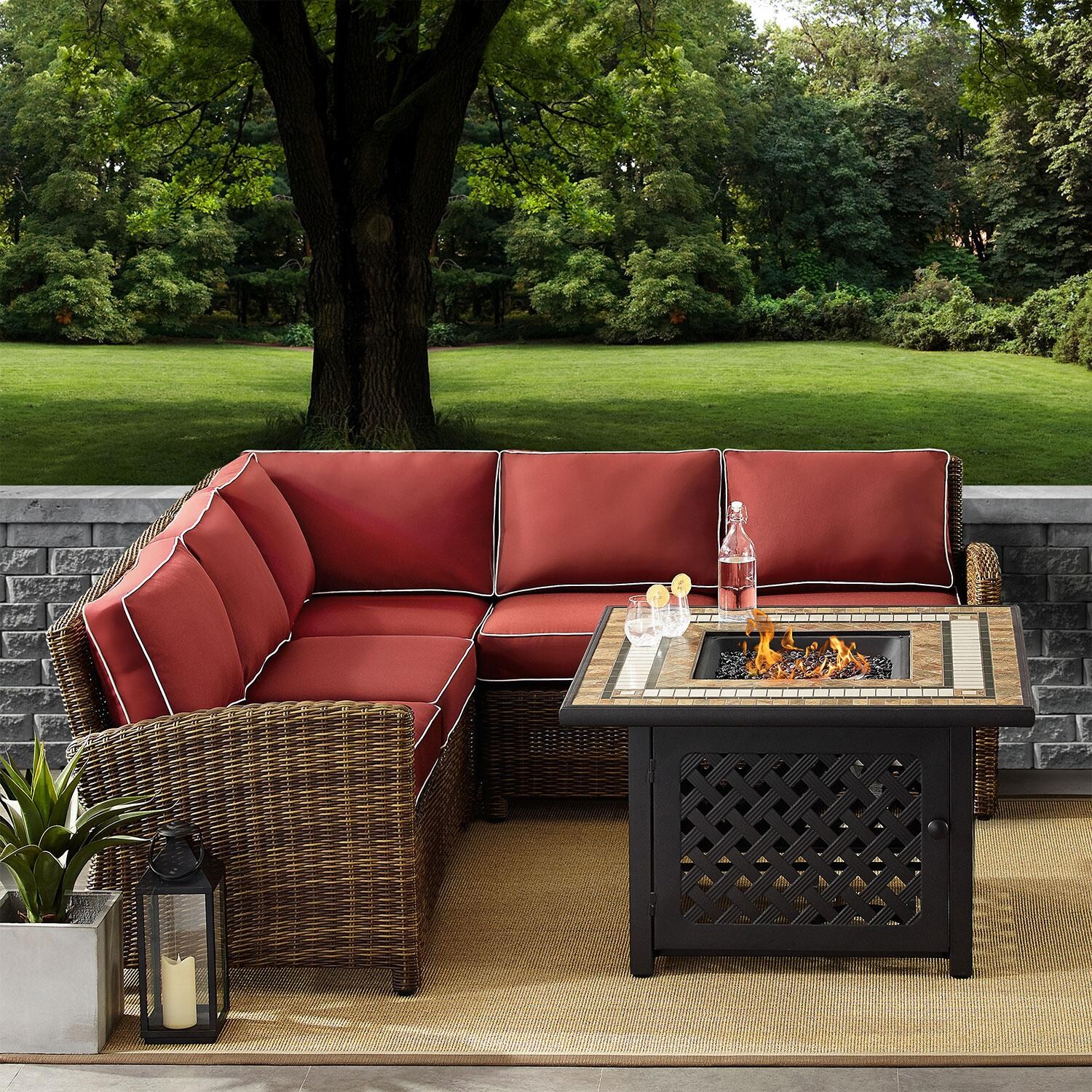 Ultimate Patio UP-92390-SG 4Pc Wicker Outdoor Sectional Set W/ Fire Table in Sangria - On Patio W/ Fire Table On - Lifestyle thumbnail