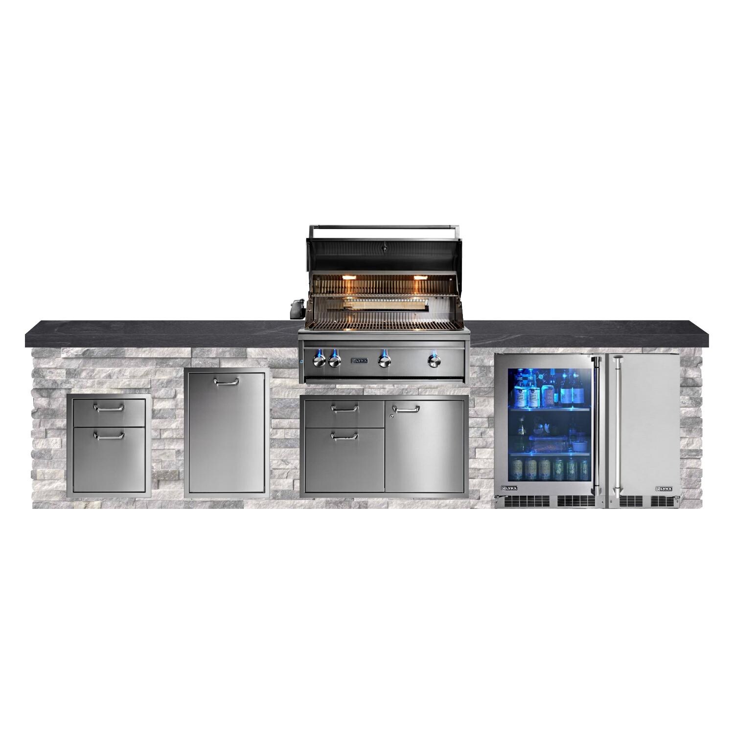 BBQGuys Signature 12ft Luxury Outdoor Kitchen w/ Lynx Professional 36-Inch Propane Grill, Ice Maker & Refrigerator - Alaska Gray Stone w/ Black Polished Granite