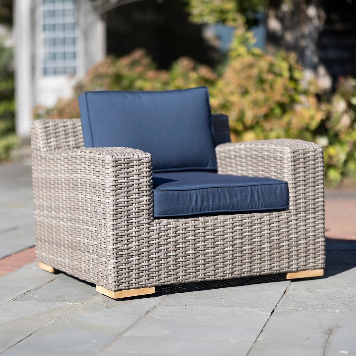 Palma Luxe 4 Pc Wicker Seating Set in Oyster / Spectrum Indigo - Chair on Patio - Lifestyle thumbnail