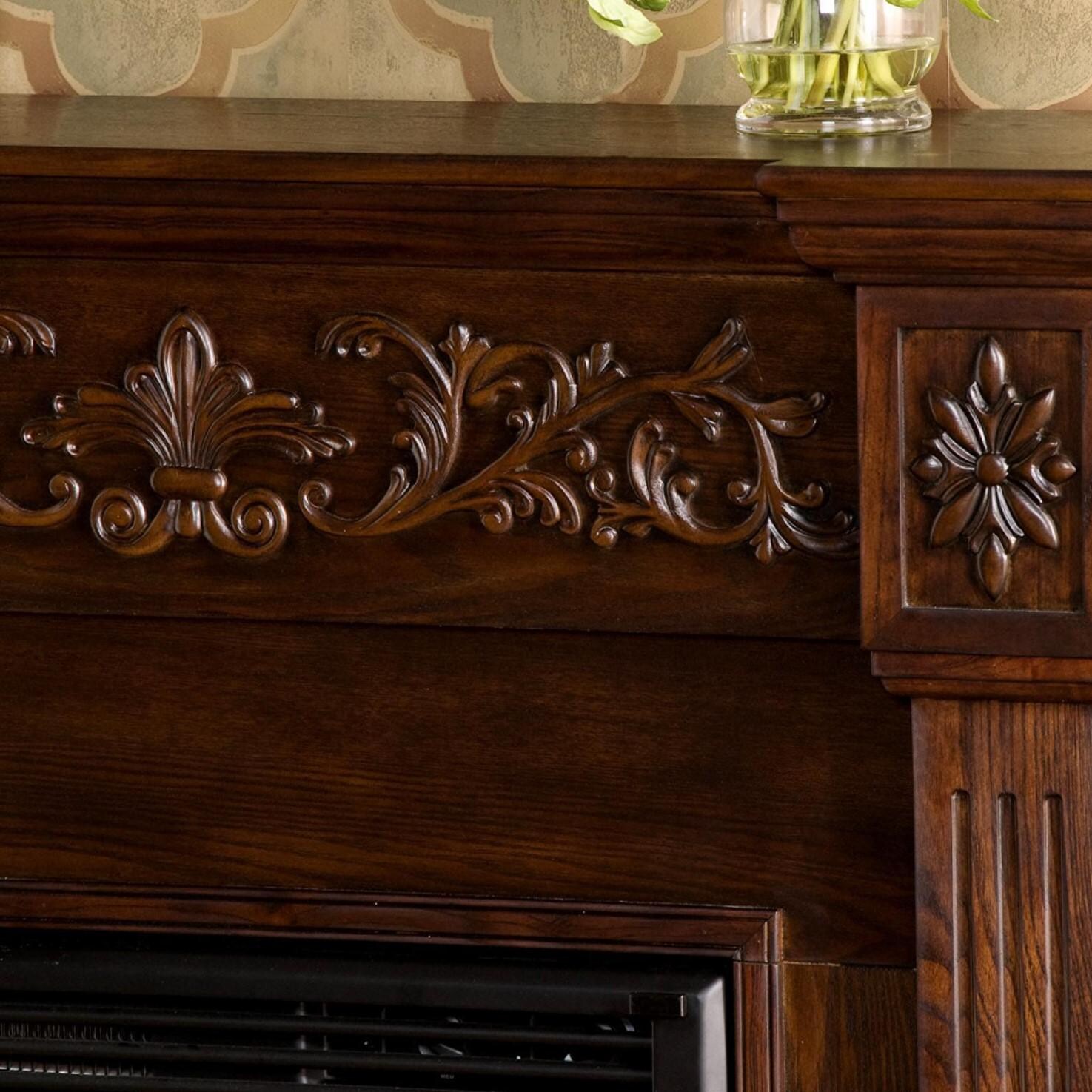 Southern Enterprises Calvert Carved 44-Inch Electric Fireplace Mantel W/ Infrared Heater - Rich Espresso - FI9278 - Carving Detail thumbnail
