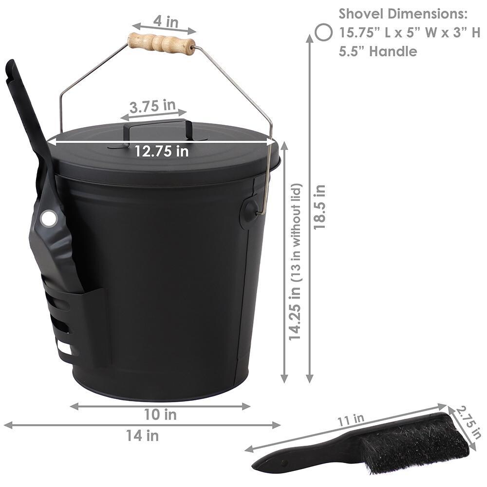 Ultimate Patio Steel Fireplace Ash Bucket w/ Lid, Shovel & Brush - Dimensions thumbnail