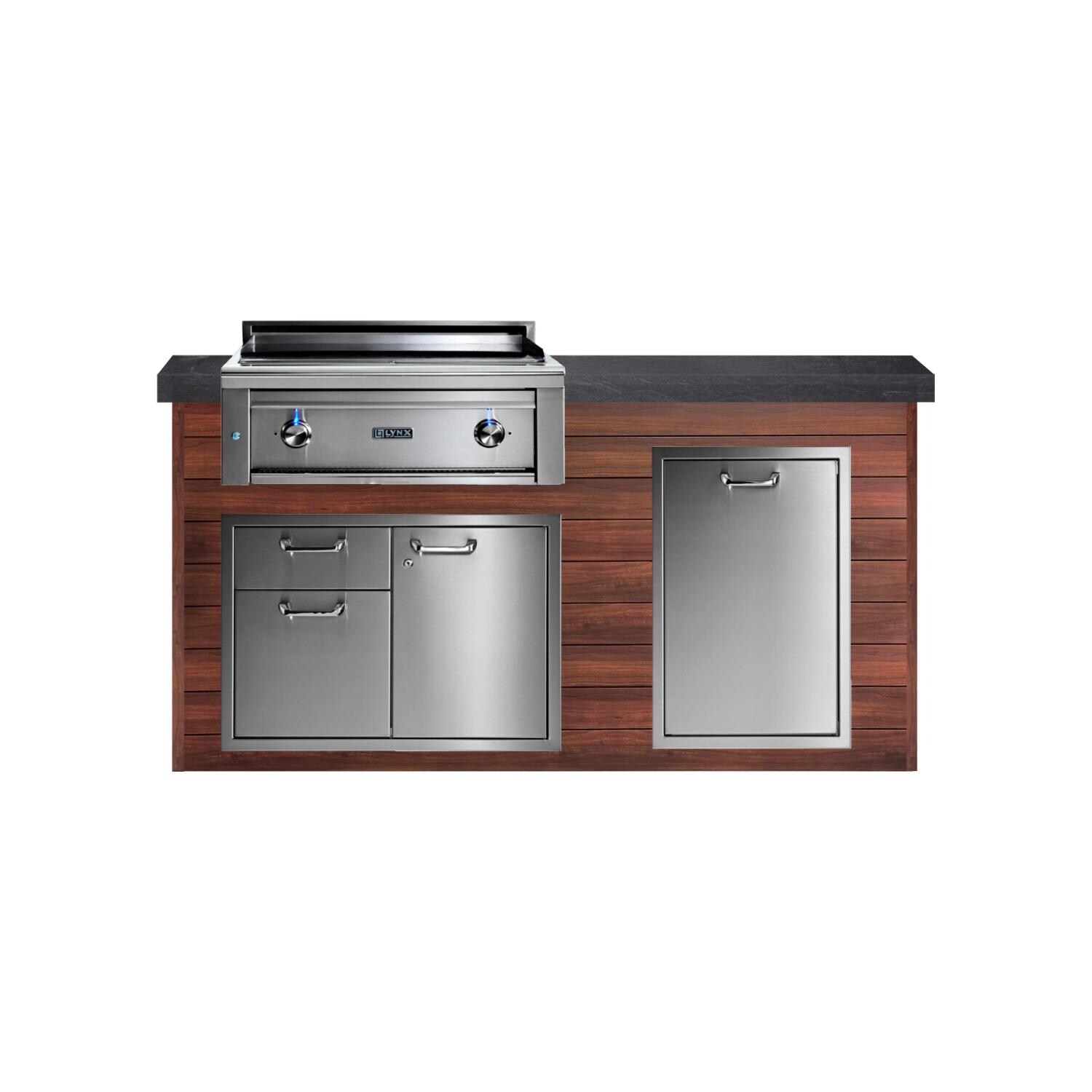 BBQGuys Signature 6ft Luxury Outdoor Kitchen w/ Lynx Professional 30-Inch Natural Gas Asado Grill - Dark National Walnut Aluminum w/ Black Polished Granite