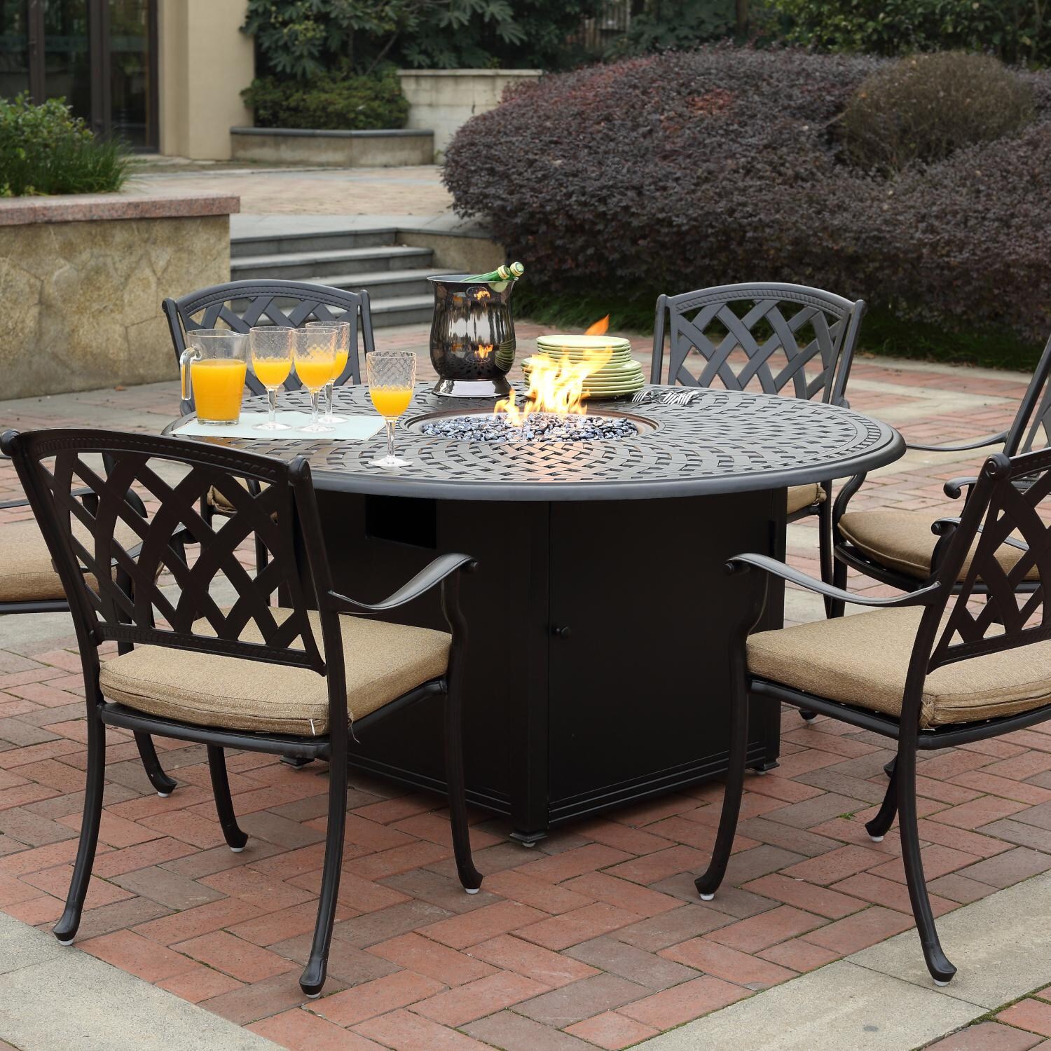 Darlee 201630-7PC-60GD Ocean View 7 Piece Cast Aluminum Patio Fire Pit Dining Set W/ 60 Inch Round Table & Sesame Cushions thumbnail