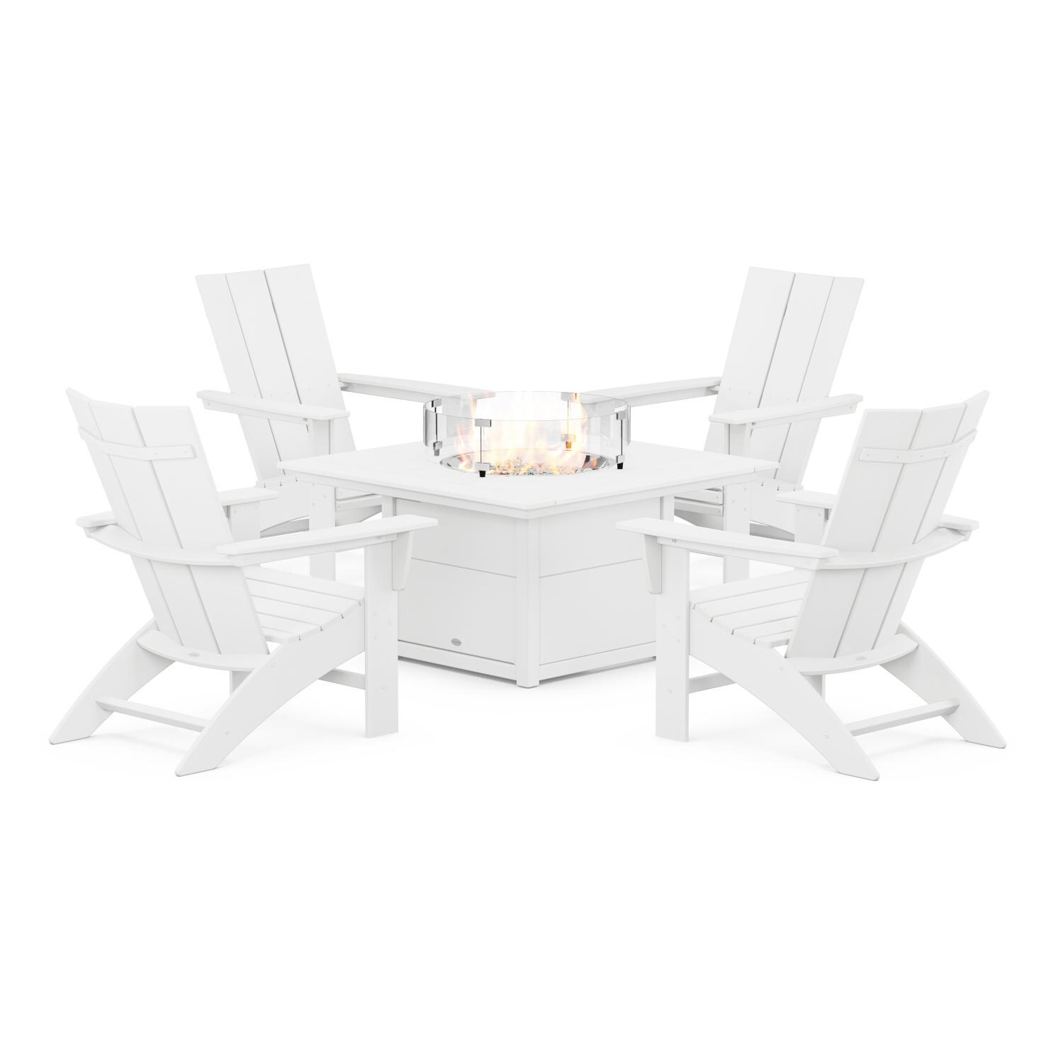 POLYWOOD Modern White 5-Piece Curveback Adirondack Conversation Set w/ Fire Pit Table thumbnail