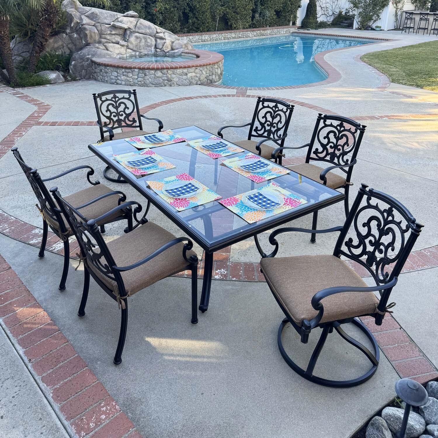 Santa Barbara 7 Pc Cast Aluminum Swivel / Rocker Dining Set in Antique Bronze/Sesame by Darlee - Lifestyle thumbnail