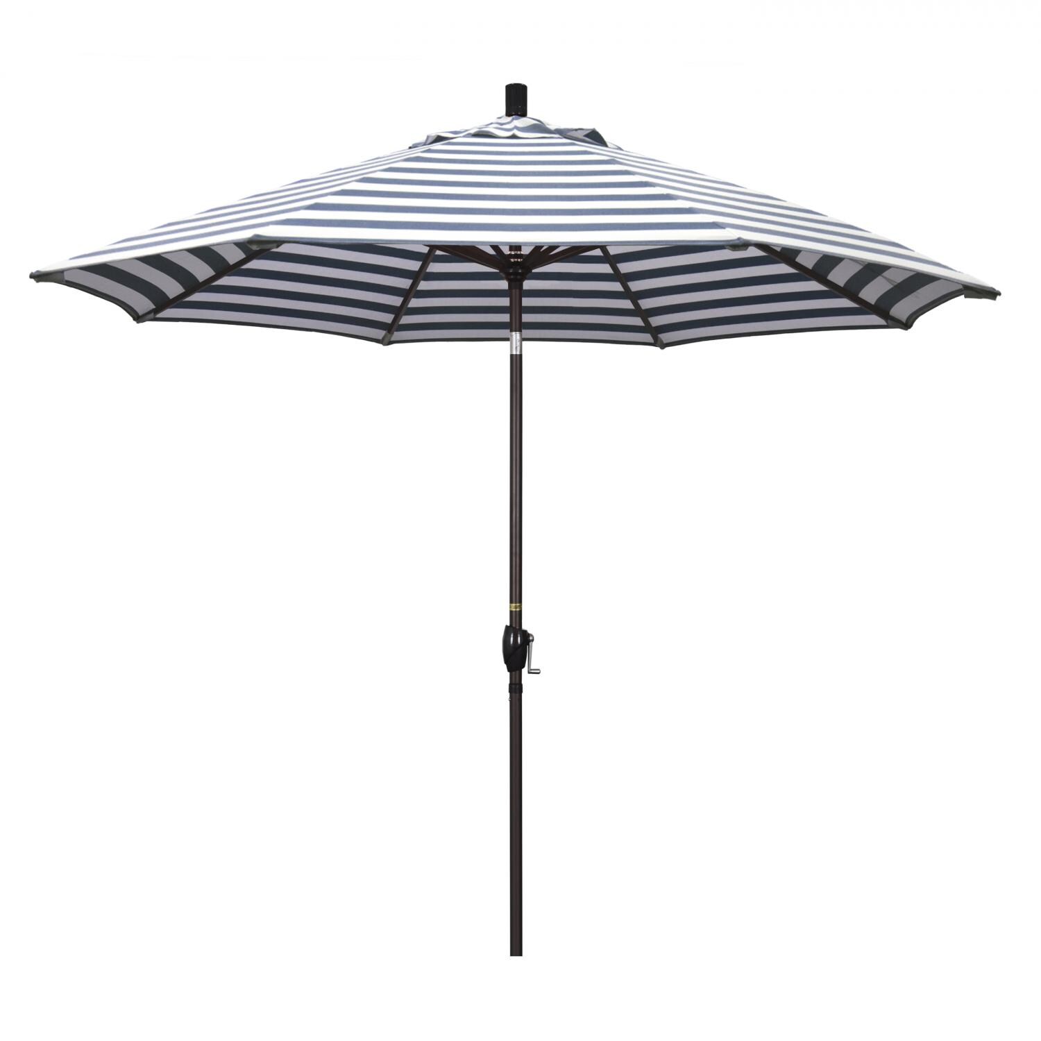 California Umbrella Pacific Trail Series 9 Ft Octagonal Aluminum Push Button Tilt Patio Umbrella W/ Crank Lift -  Bronze Frame / Olefin Navy White Cabana Stripe Canopy