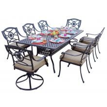Ten Star 9 Piece Cast Aluminum Patio Dining Set W/ 84 X 42 Inch Table, 2 Swivel Rockers & Sesame Cushions By Darlee