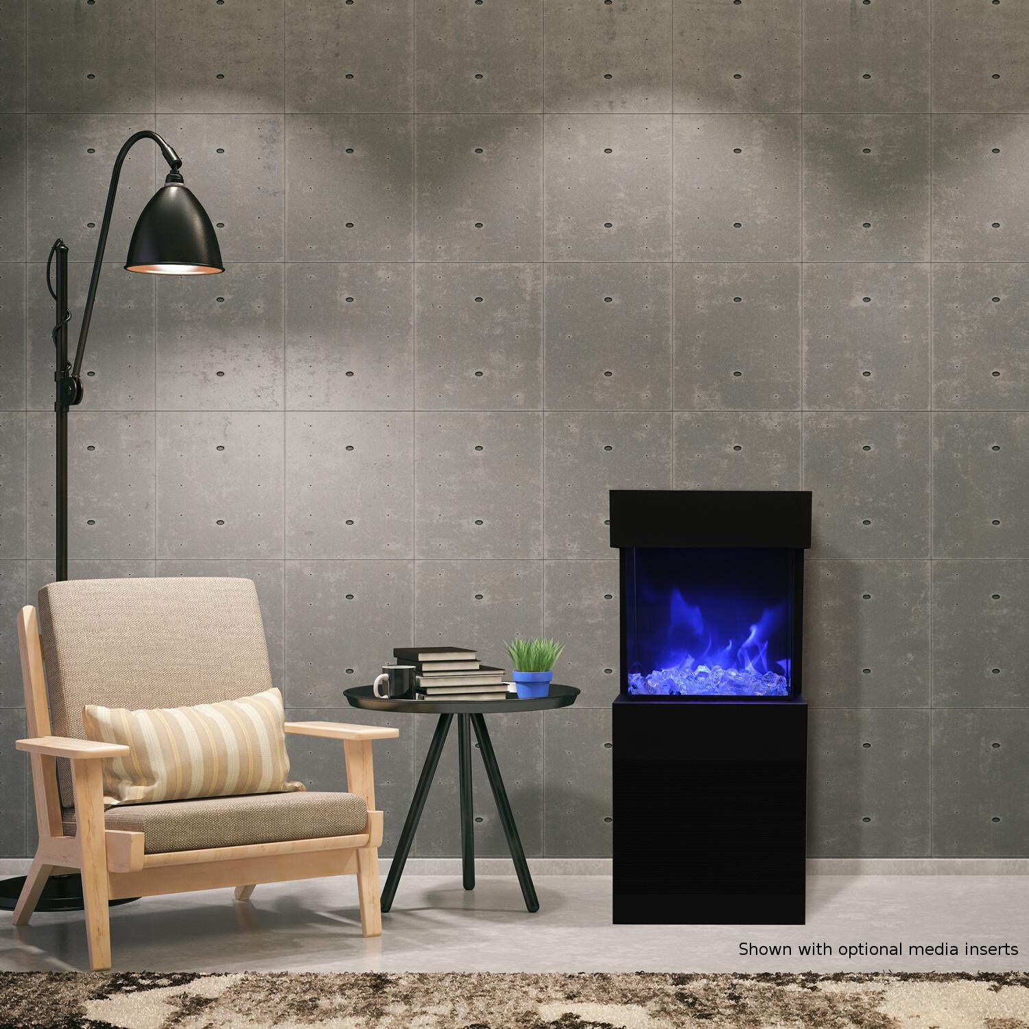 Amantii Cube 20-Inch Three Sided Freestanding Electric Fireplace W/ Speaker Base - Indoor/Outdoor - Blue with Optional Extra Large Clear Glass Nuggets thumbnail