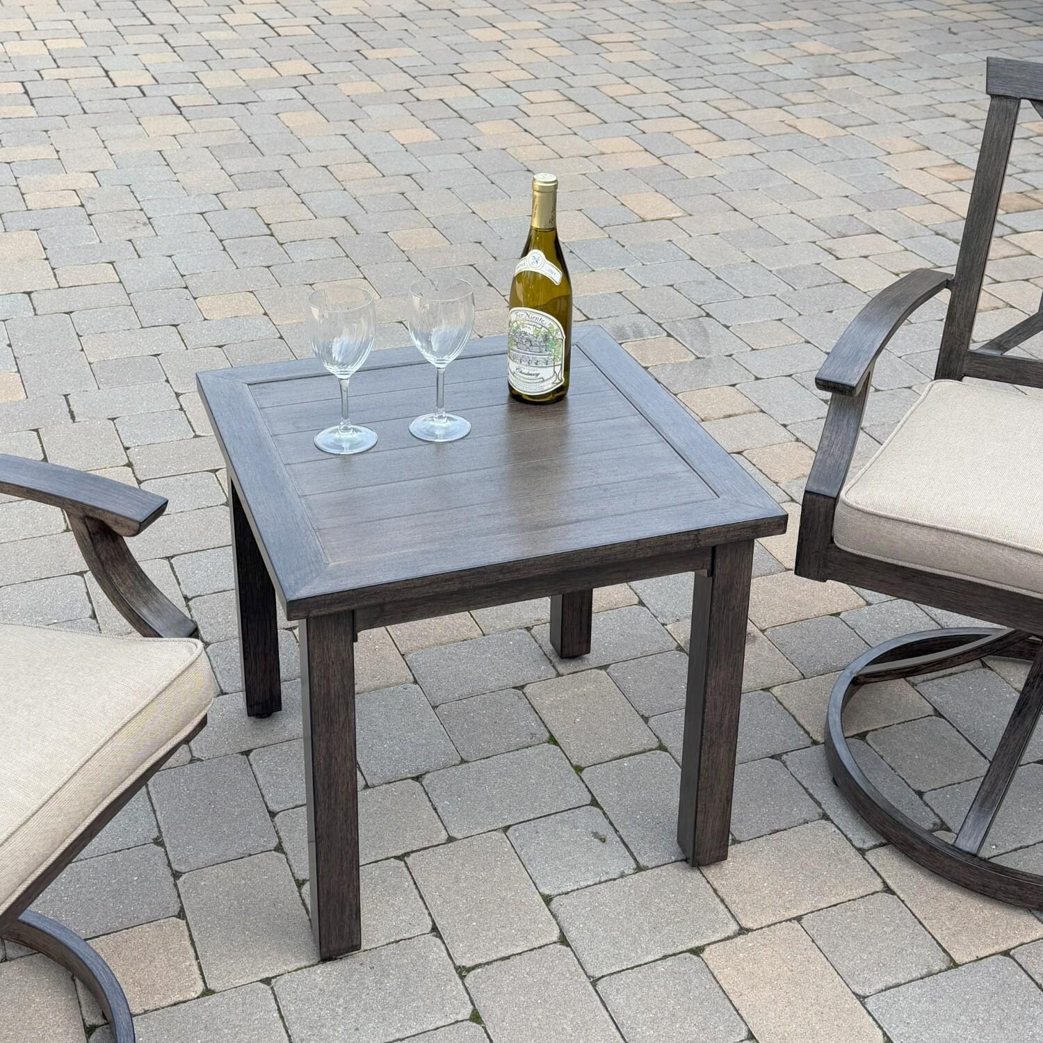 Atlantis 3 Pc Aluminum Seating Set w/ 2 Swivel Rocker Arm Chairs in Walnut/Beige by Darlee - Table Close-up - Lifestyle thumbnail