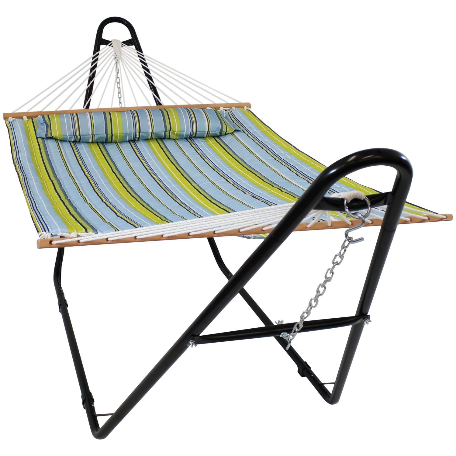 Sunnydaze Decor Quilted Double Hammock w/ Universal Multi-Use Stand & Pillow - Blue & Green - BGHFWP-MHS-Combo image