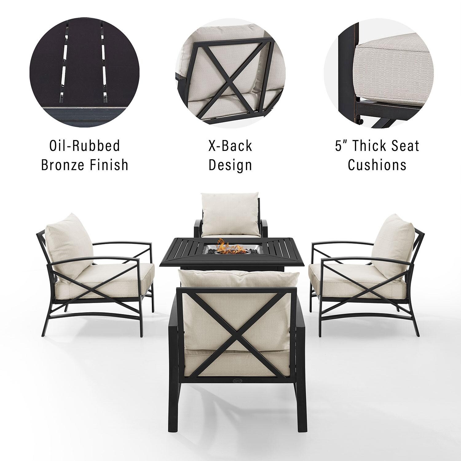 Ultimate Patio UP-82268BZ-OL 5Pc Outdoor Chair Set W/ Fire Table in Oatmeal - Chair Set Features - Diagram thumbnail