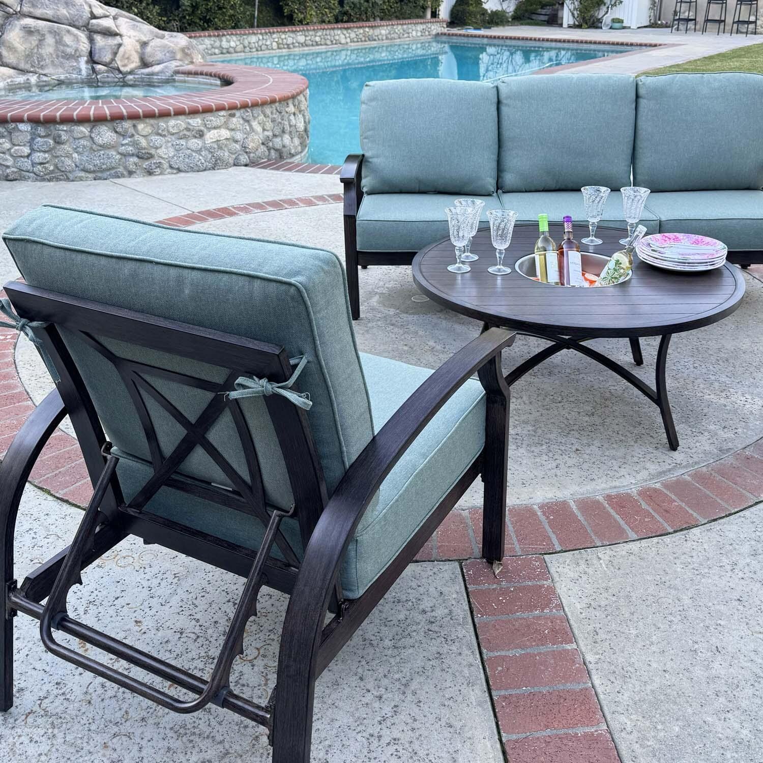 Atlantis 6 Pc Aluminum Seating Set w/ Round Ice Bucket Chat Table in Walnut/Spa by Darlee - Angled - Lifestyle thumbnail