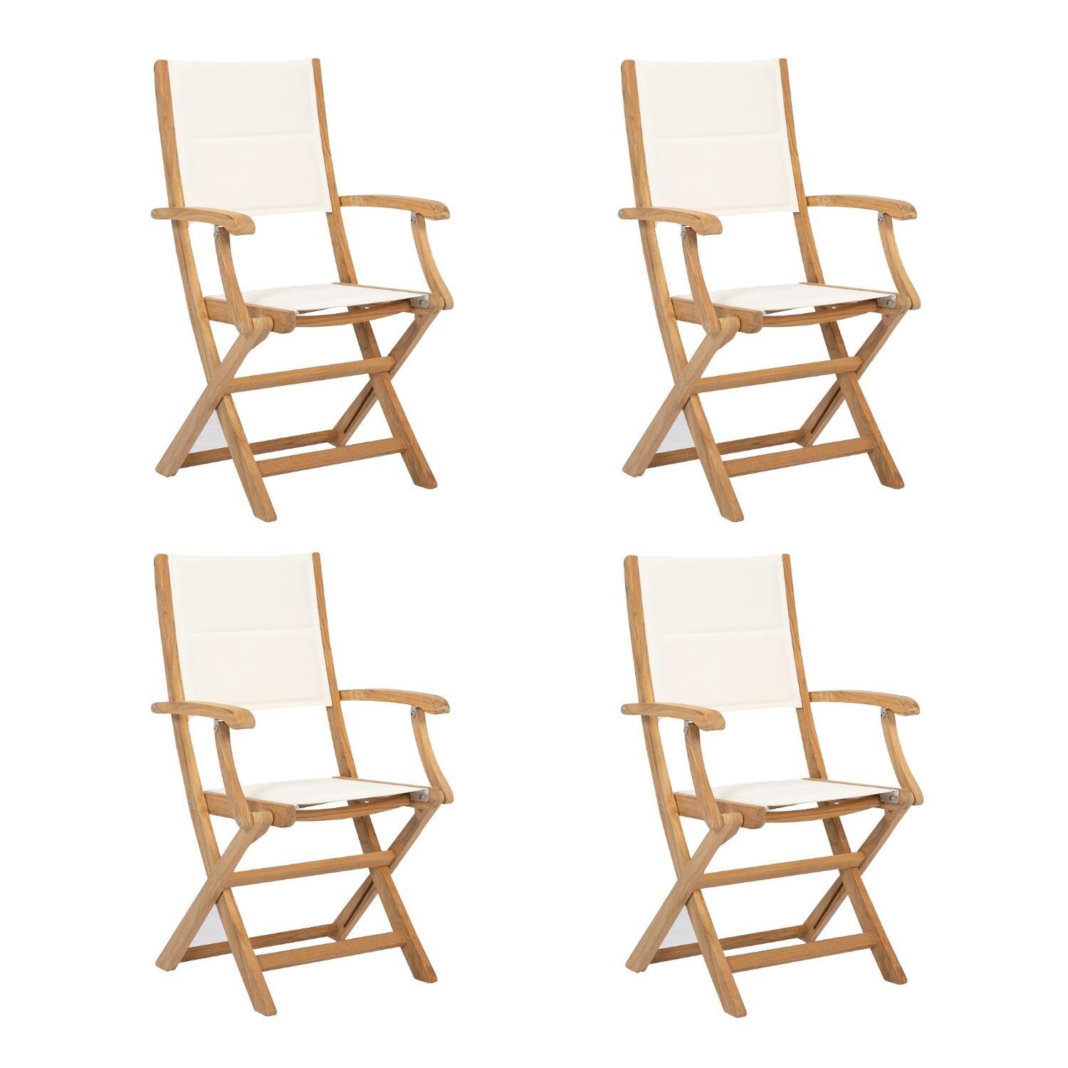 Sunset West Huntington 4 Piece Teak Foldable Patio Sling Dining Chair Set W/ Padded Phifertex Frost Slings image