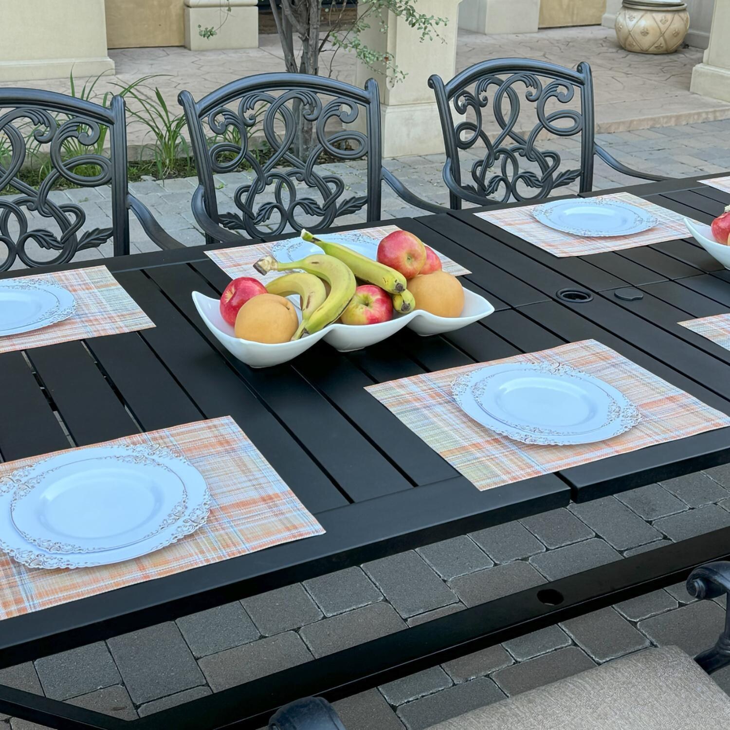 Darlee B/DL2052-11PCDR-2350LE Santa Monica 11 Pc Cast Aluminum Dining Set w/ Rocker in Antique Bronze - Table Setting - Lifestyle thumbnail