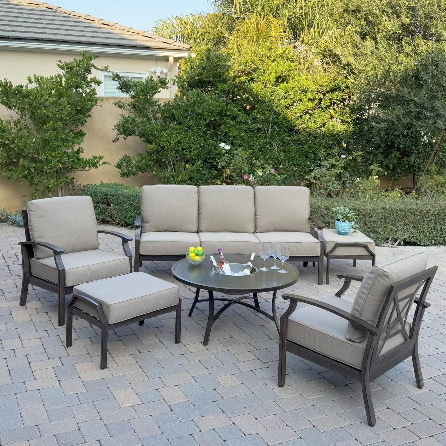 Darlee Atlantis 6 Pc Aluminum Seating Set w/ Sofa, 2 Club Chairs, 2 Ottomans & Ice Bucket in Walnut/Beige by - B/2358-6PCSC-Q-Beige