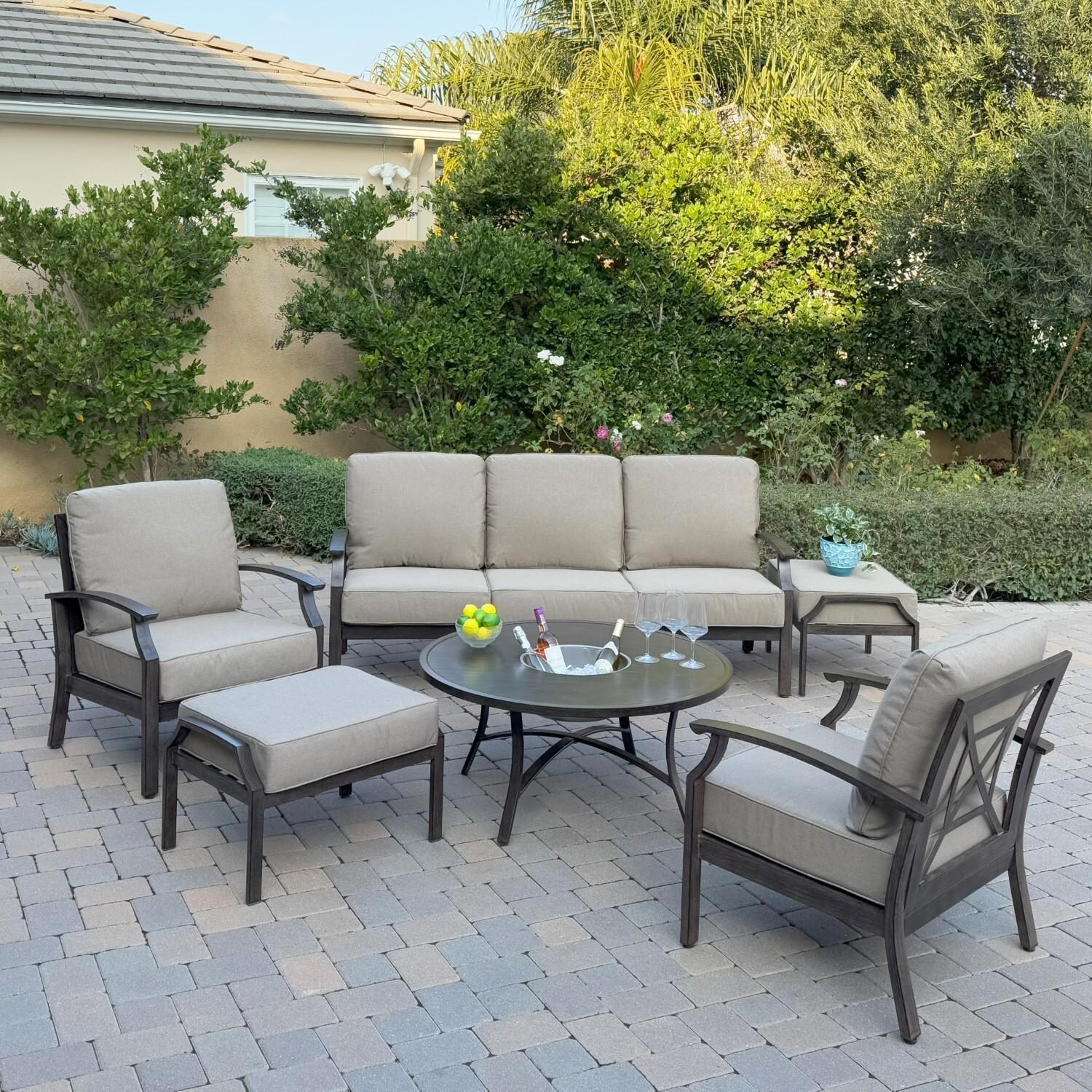 Atlantis 6 Pc Aluminum Seating Set w/ Sofa, 2 Club Chairs, 2 Ottomans & Ice Bucket in Walnut/Beige by Darlee - Hero - Lifestyle thumbnail