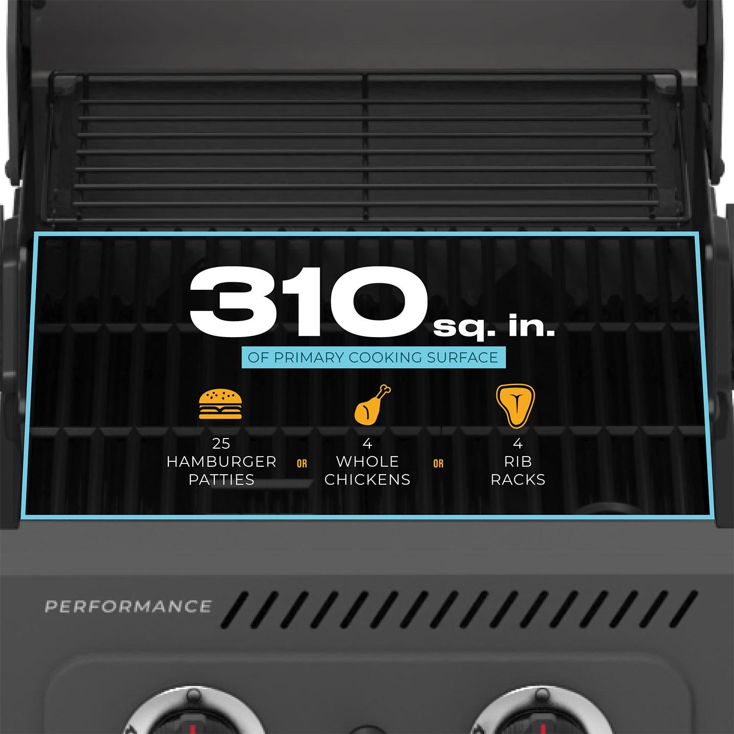 Charbroil 463663125 Performance Series 2 Burner Propane Grill Cabinet W/ Foldable Side Shelves, Grey & Stainless Steel - Cooking Capacity - Detail thumbnail