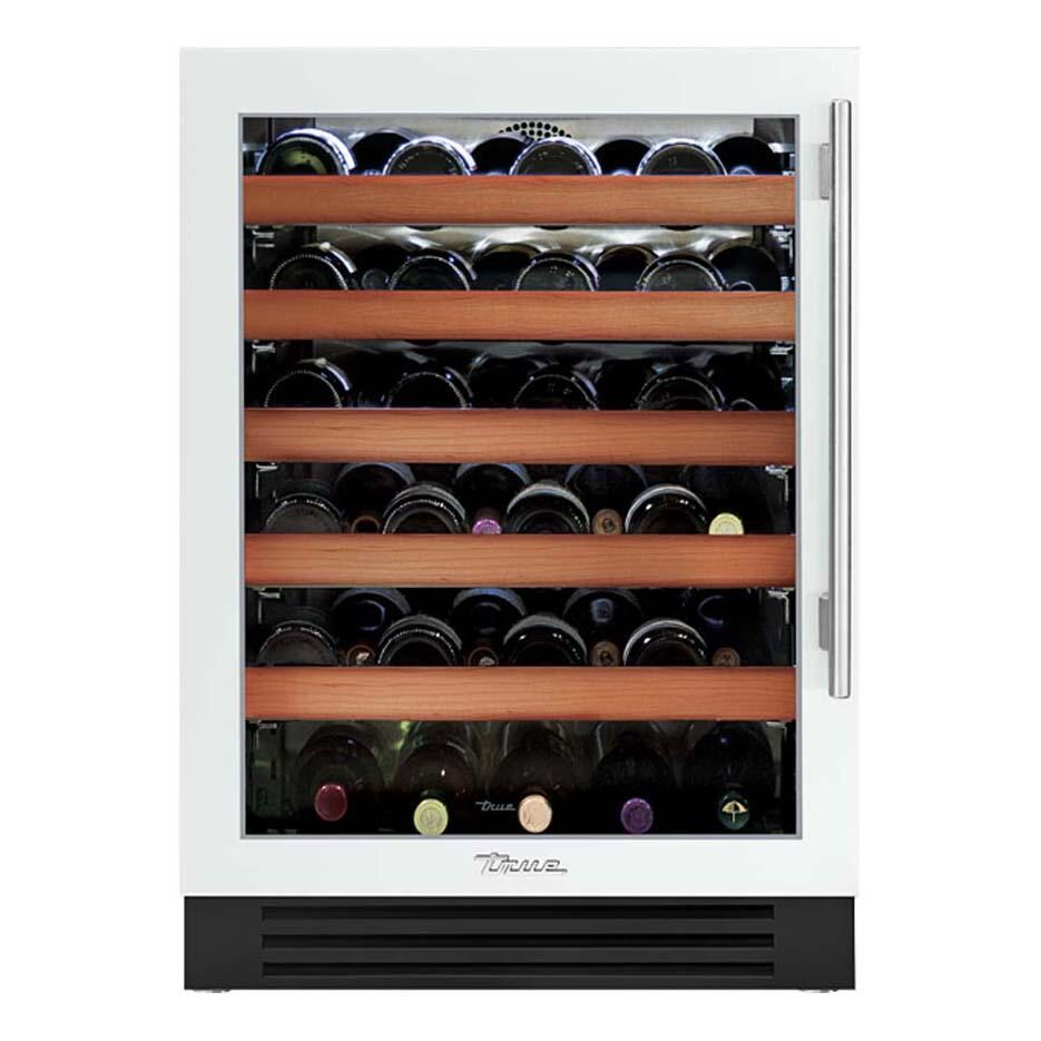 True TWC-24-L-OG-C~DSK-030-H04 24 Inch 45 Bottle Left Hinge Glass Door Outdoor Wine Cabinet - Matte White w/ Stainless Steel Handle - White Background thumbnail