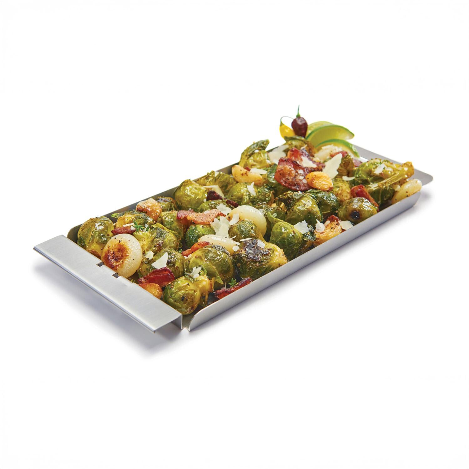 Broil King Stainless Steel Narrow Grill Topper - 69722 - With Food - White Background thumbnail