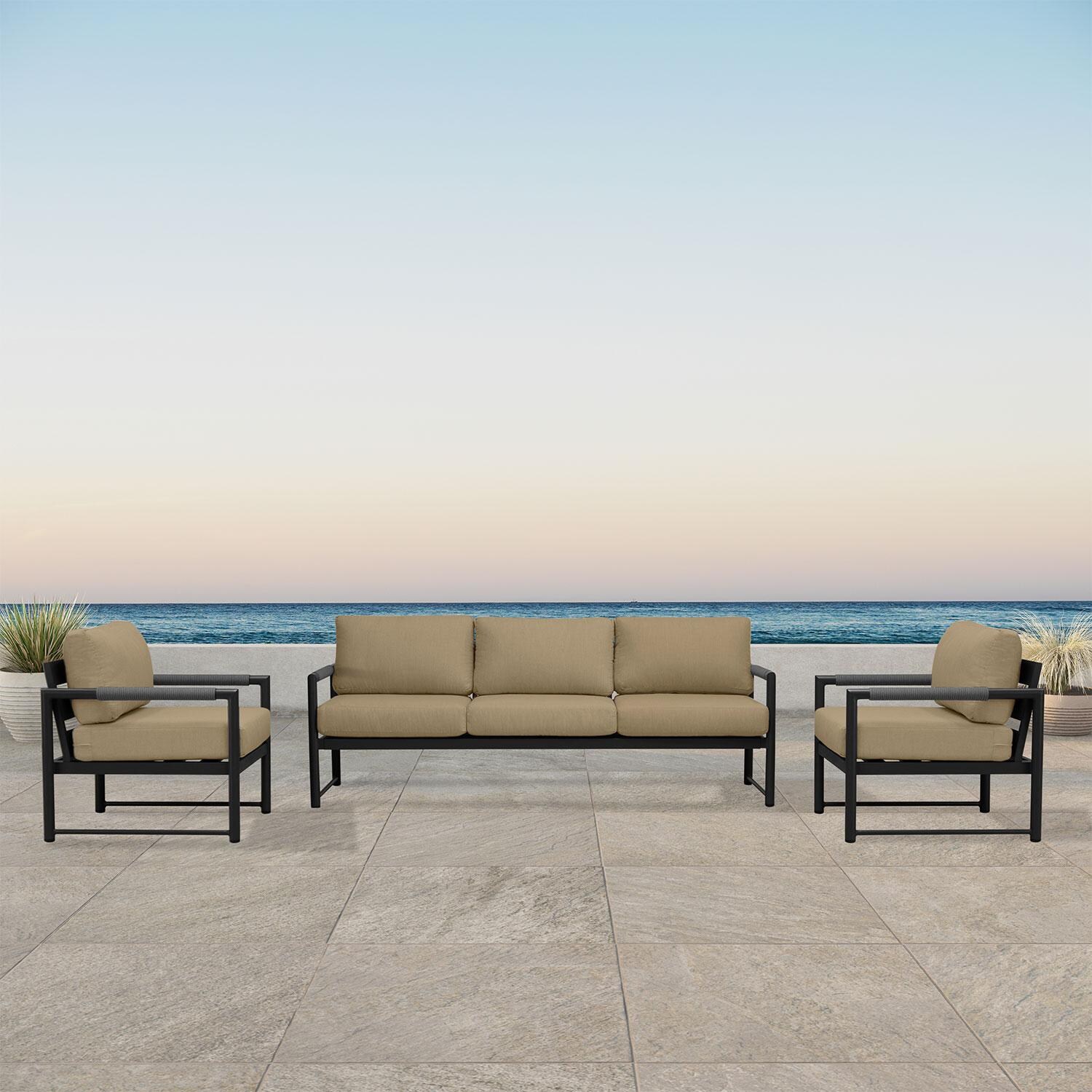 Lakeview AVEBAY-BK-CO-SET141-HB Avenue Bay Black/Carbon 3 Pc Sofa Club Chair - Heather Beige - On Patio - Lifestyle thumbnail