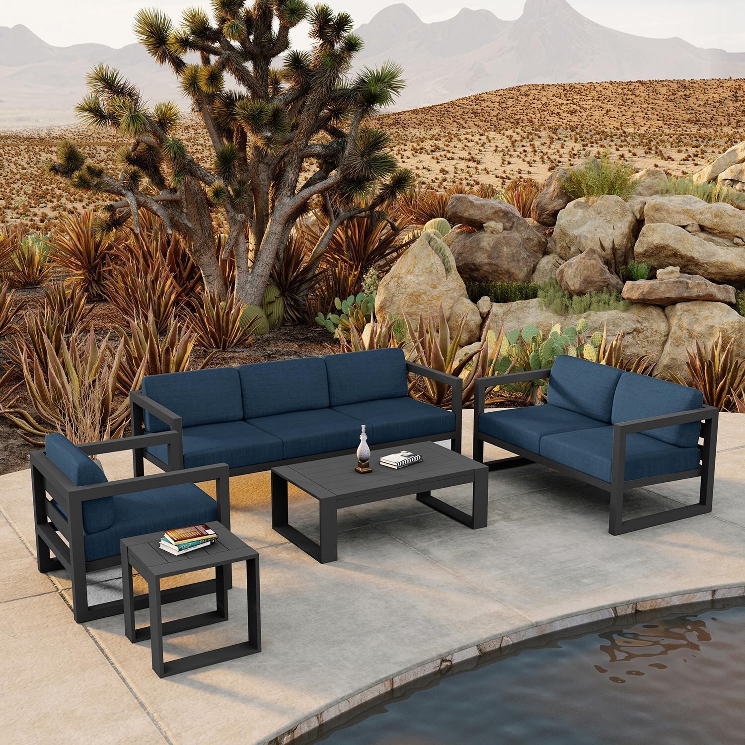 Misty Cove 5 Pc Aluminum Seating Set w/ Sofa in Slate/Spectrum Indigo by Lakeview Outdoor Designs